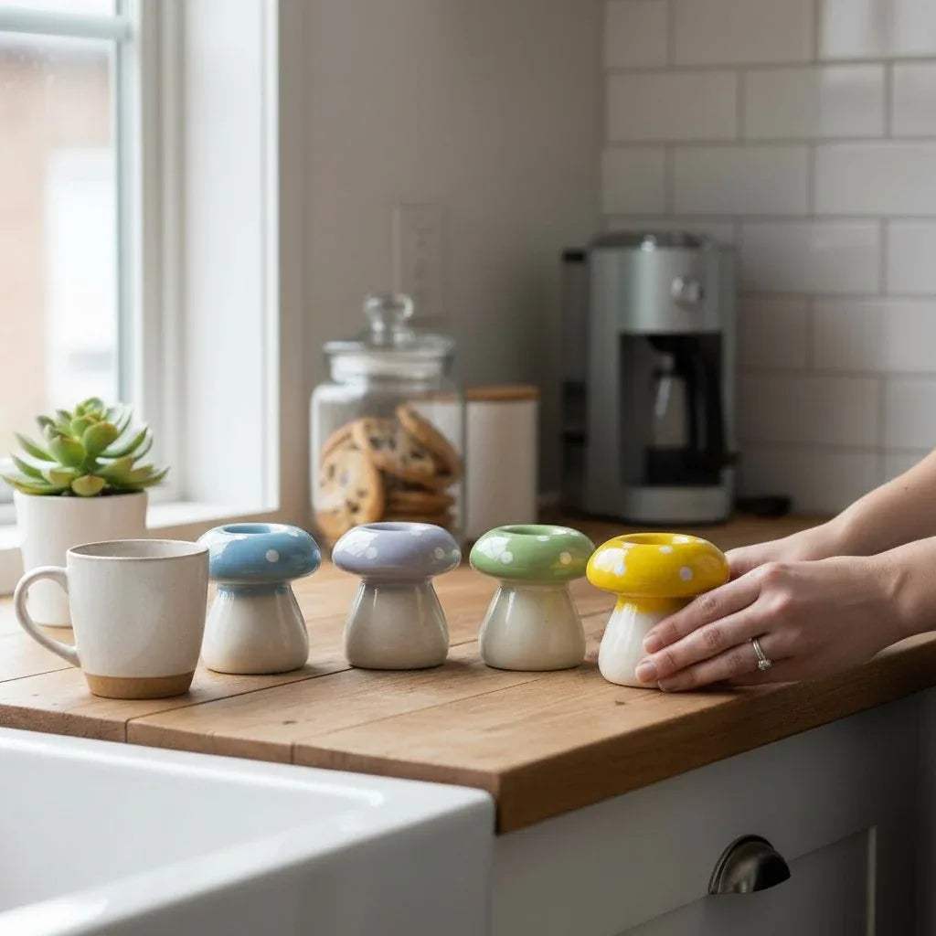 Colorful mushroom-shaped candle holders on a kitchen counter with a person's hand reaching for one.