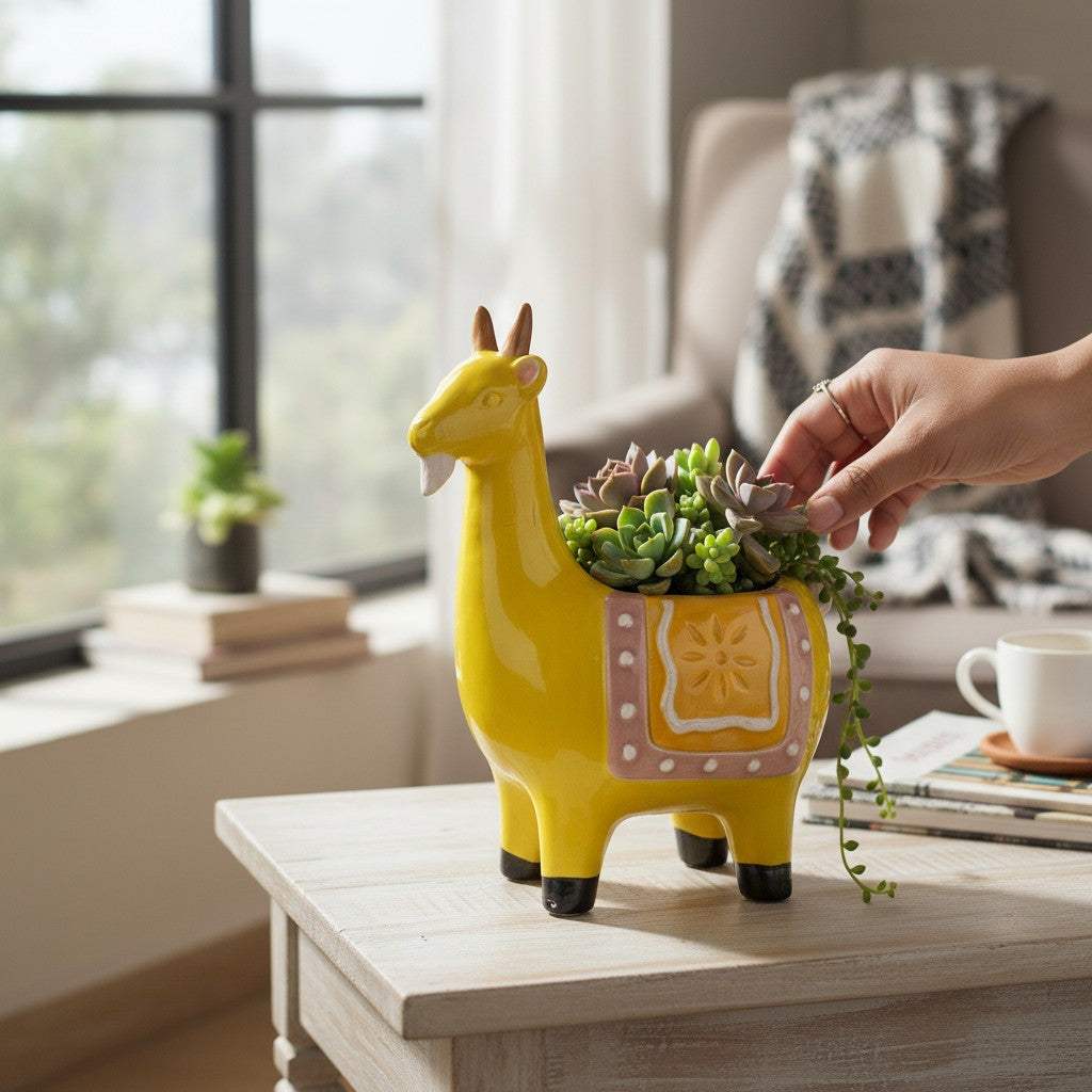 An artisanal muted ochre yellow ceramic goat planter styled on a rustic wooden console table with low-water indoor greenery.