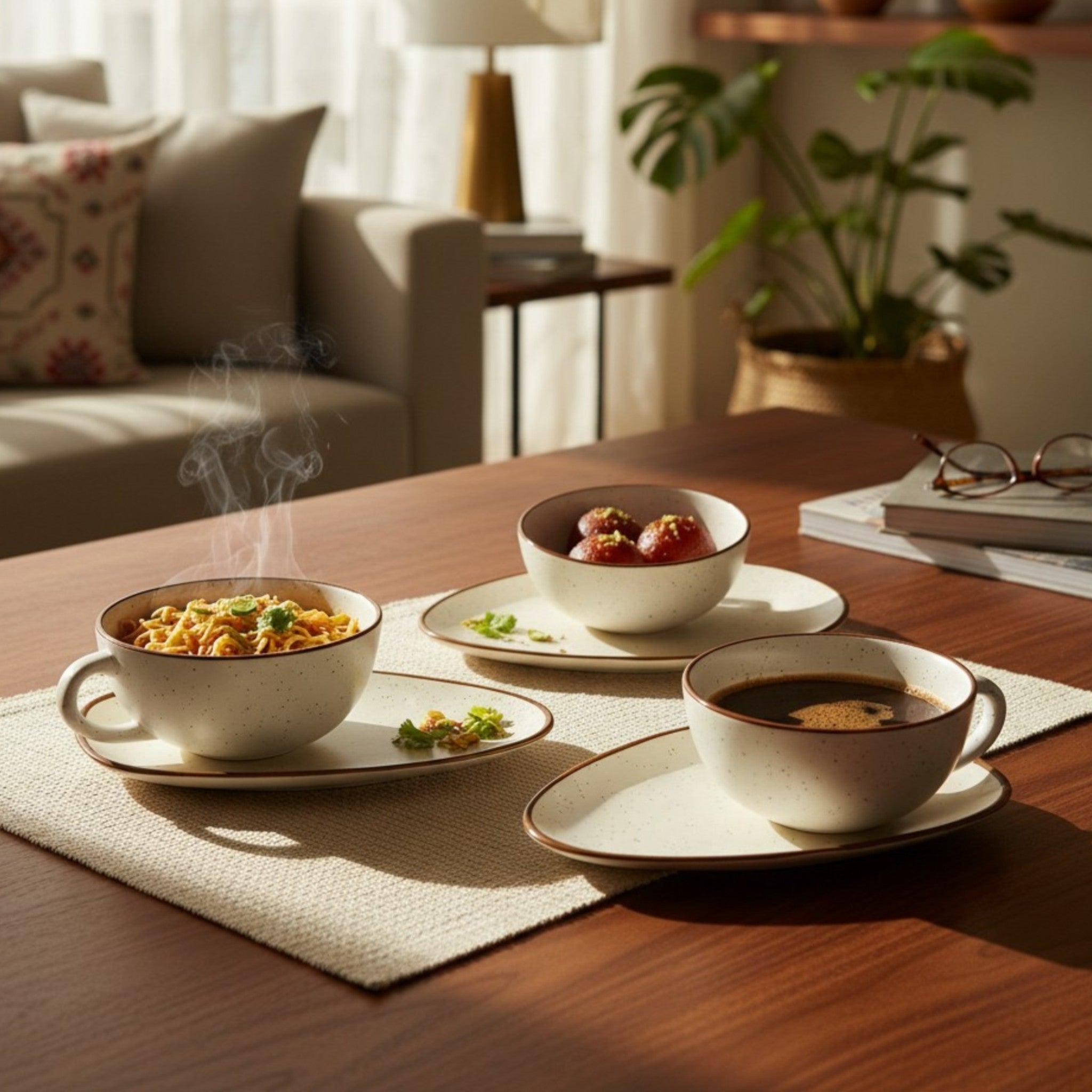 White speckled cups being used to serve noodles, sweets and Americano places on a coffee table in a modern Indian household.
