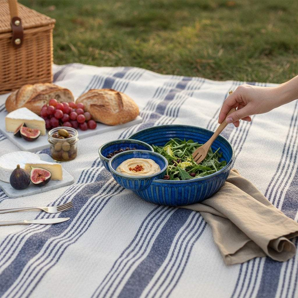 A deep navy blue ceramic multi-serve bowl with dual integrated side compartments on a picnic blanket.