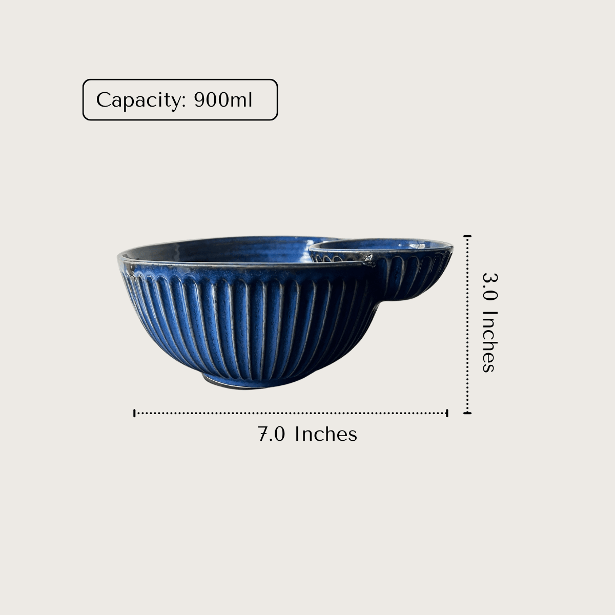A product measurement diagram layout showing the 7.0 inches diameter and 3.0 inches height dimensions of the round blue ceramic serving bowl.