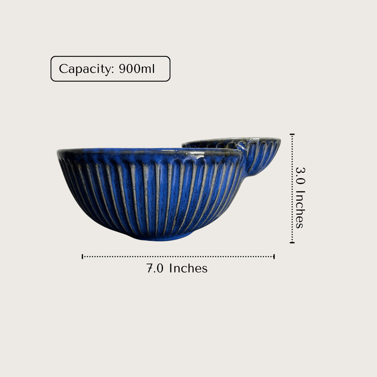 A product dimension layout showing the total diameter, main bowl height, and raised side compartment measurements.