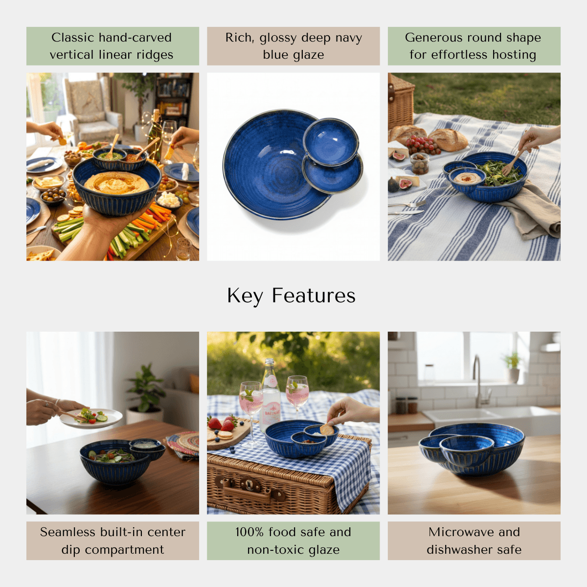 An infographic pointing out the scratch-resistant stoneware body, dual-dip function, and microwave-safe material.