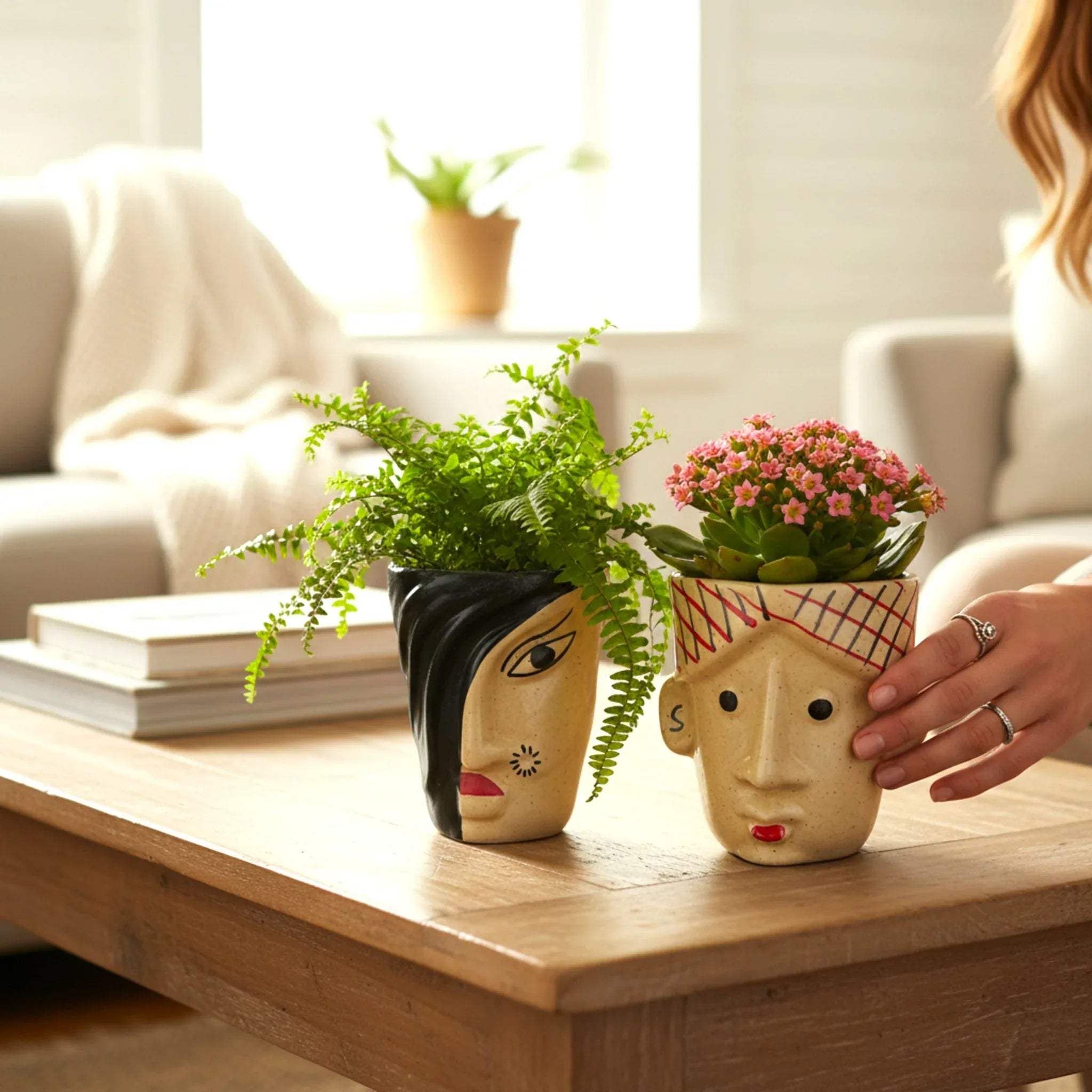 Nazar-e-Noor ceramic face planters; set of 2 beige pots with protective evil eye motifs for succulents.