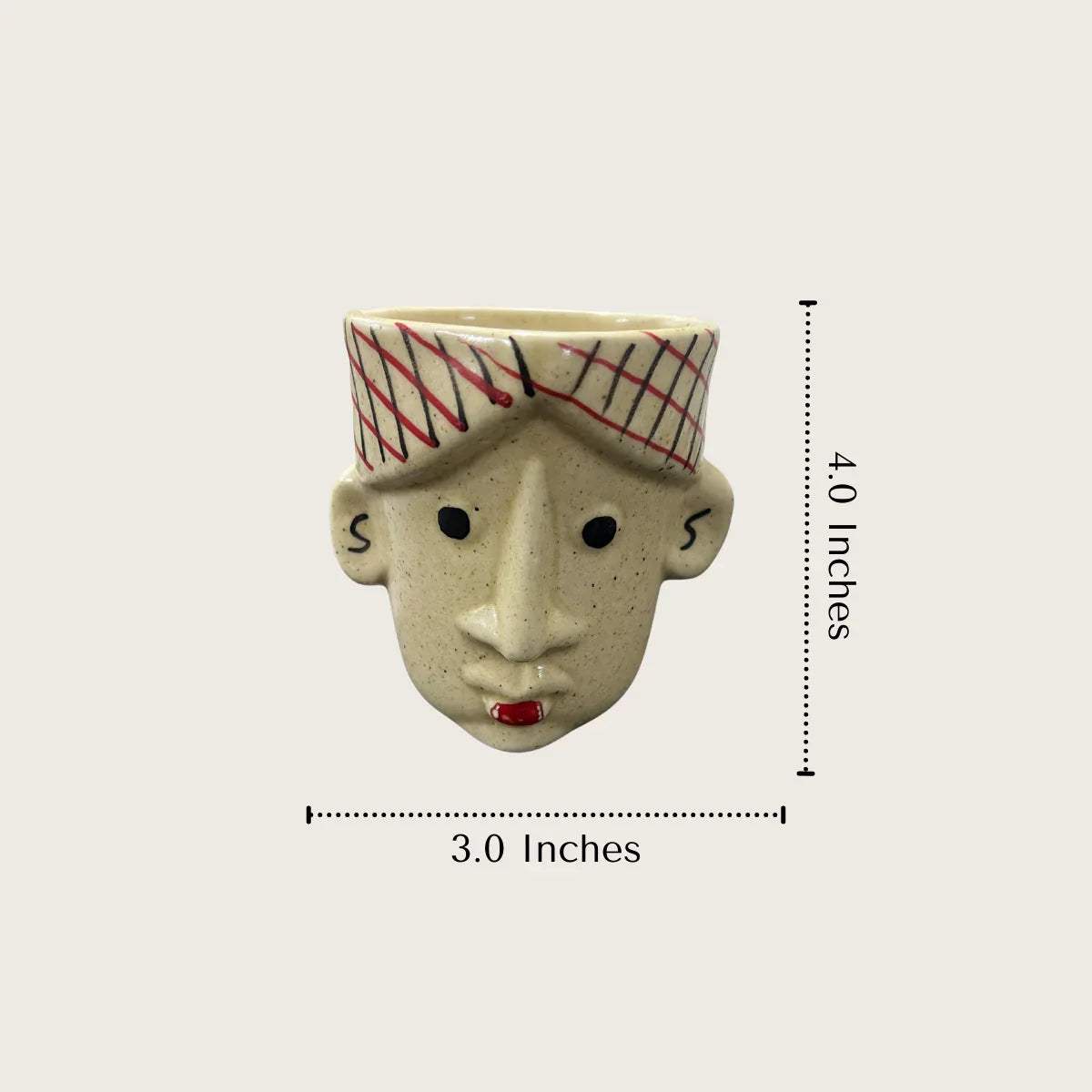 4.0 inches tall ceramic face-shaped vase with a checkered bandana; diameter and depth specs for healthy succulent growth.