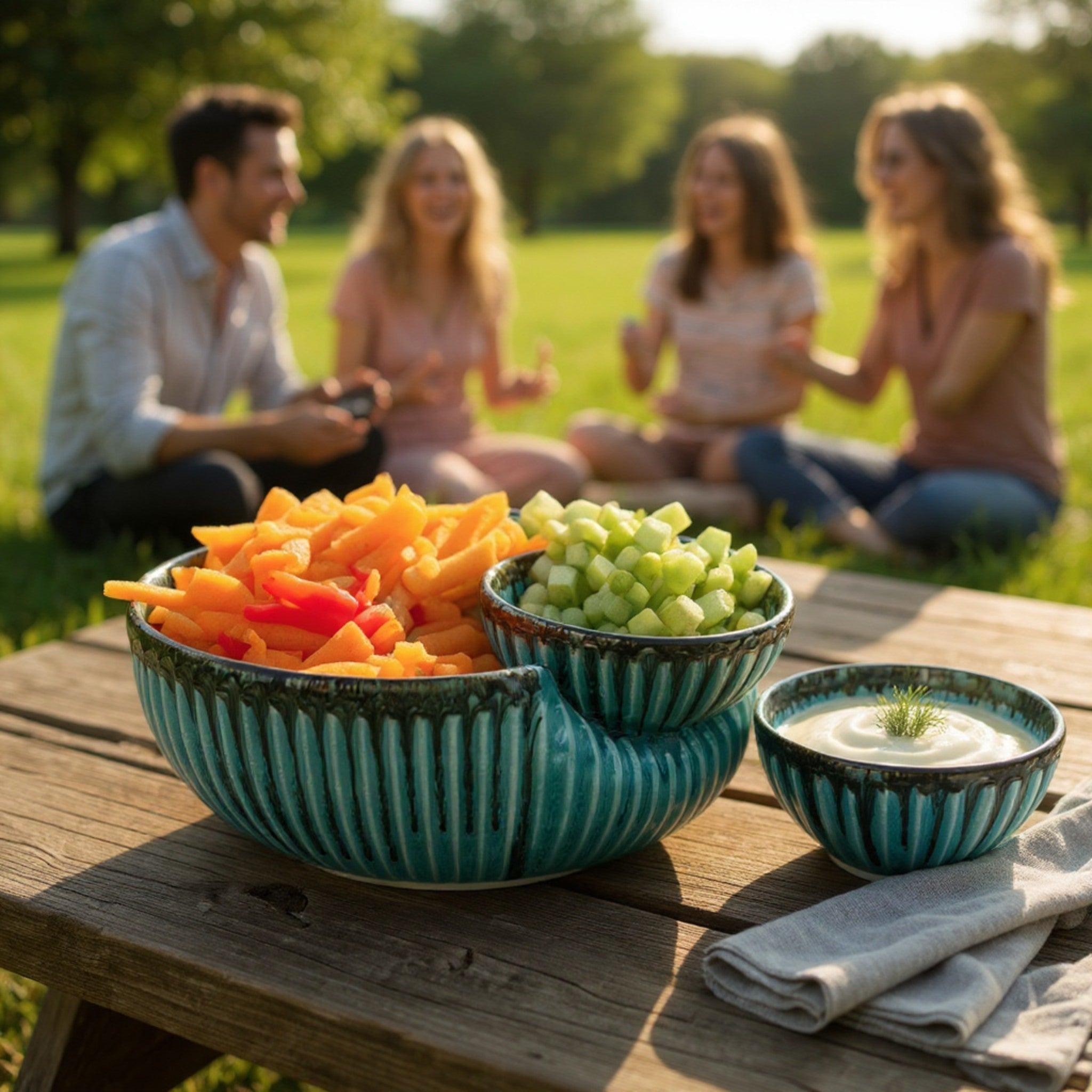 Bowl of colorful bell peppers on a wooden table with people sitting in the background