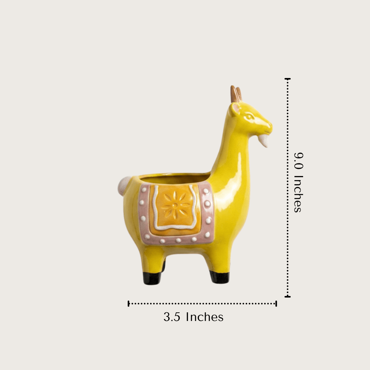 Product measurement diagram showing the height, length, and breadth dimensions of the sculptural ochre ceramic pot.