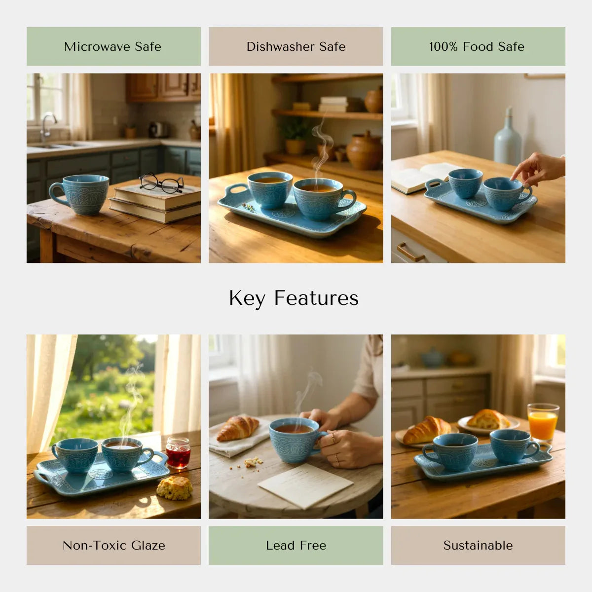 Rustic Stone quality; microwave safe, lead-free glaze, and ergonomic handle for daily coffee rituals with matching tray.