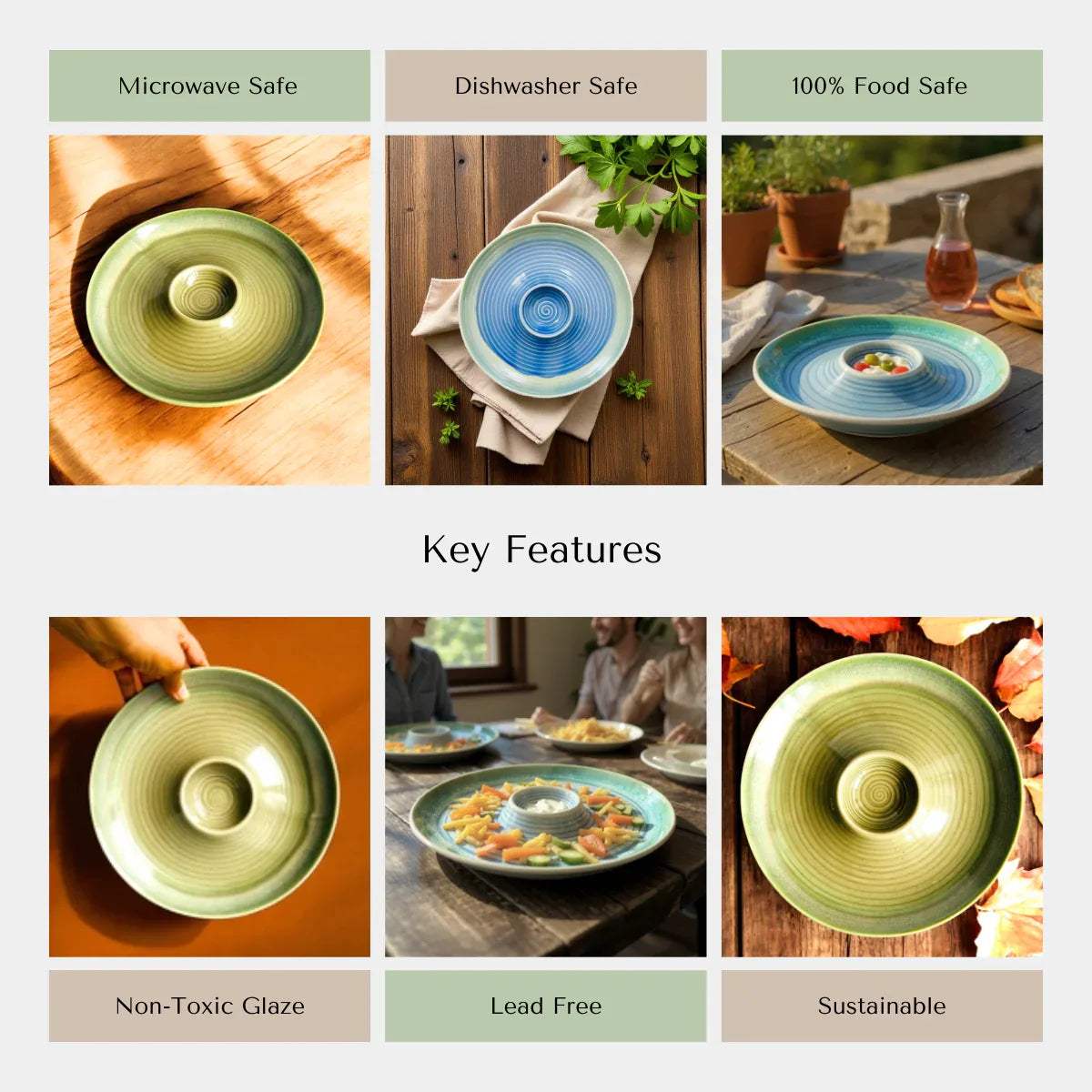 Rustic Stone quality; microwave safe, lead-free glaze, and 100% food safe chip and dip platter.