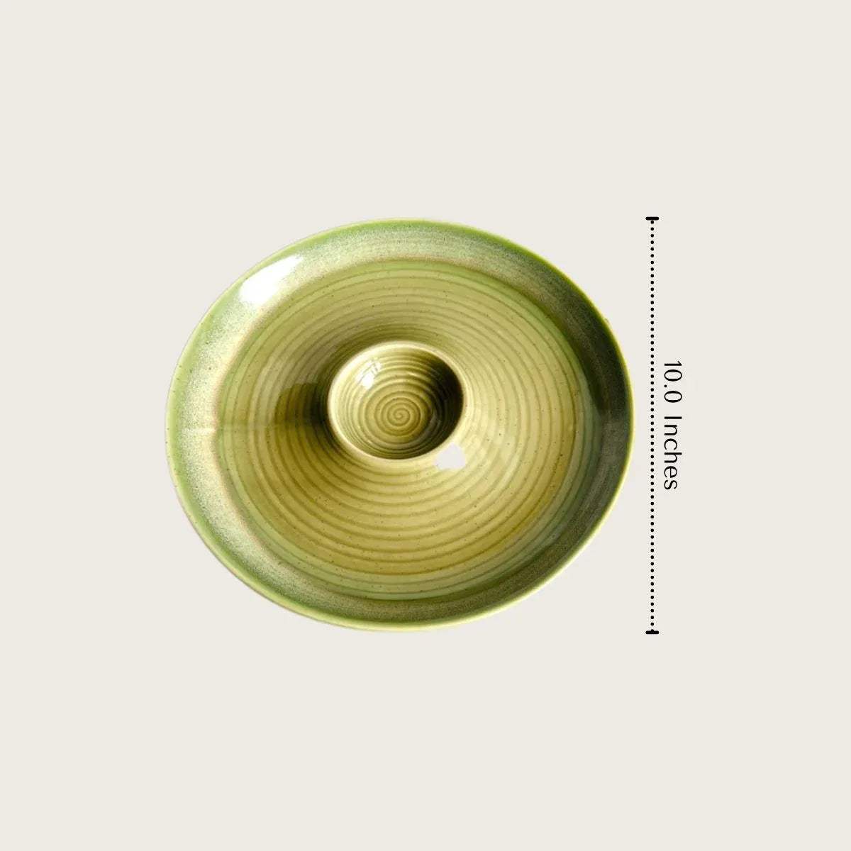 10 inch green ceramic chip and dip dish with spiral design and measurement.