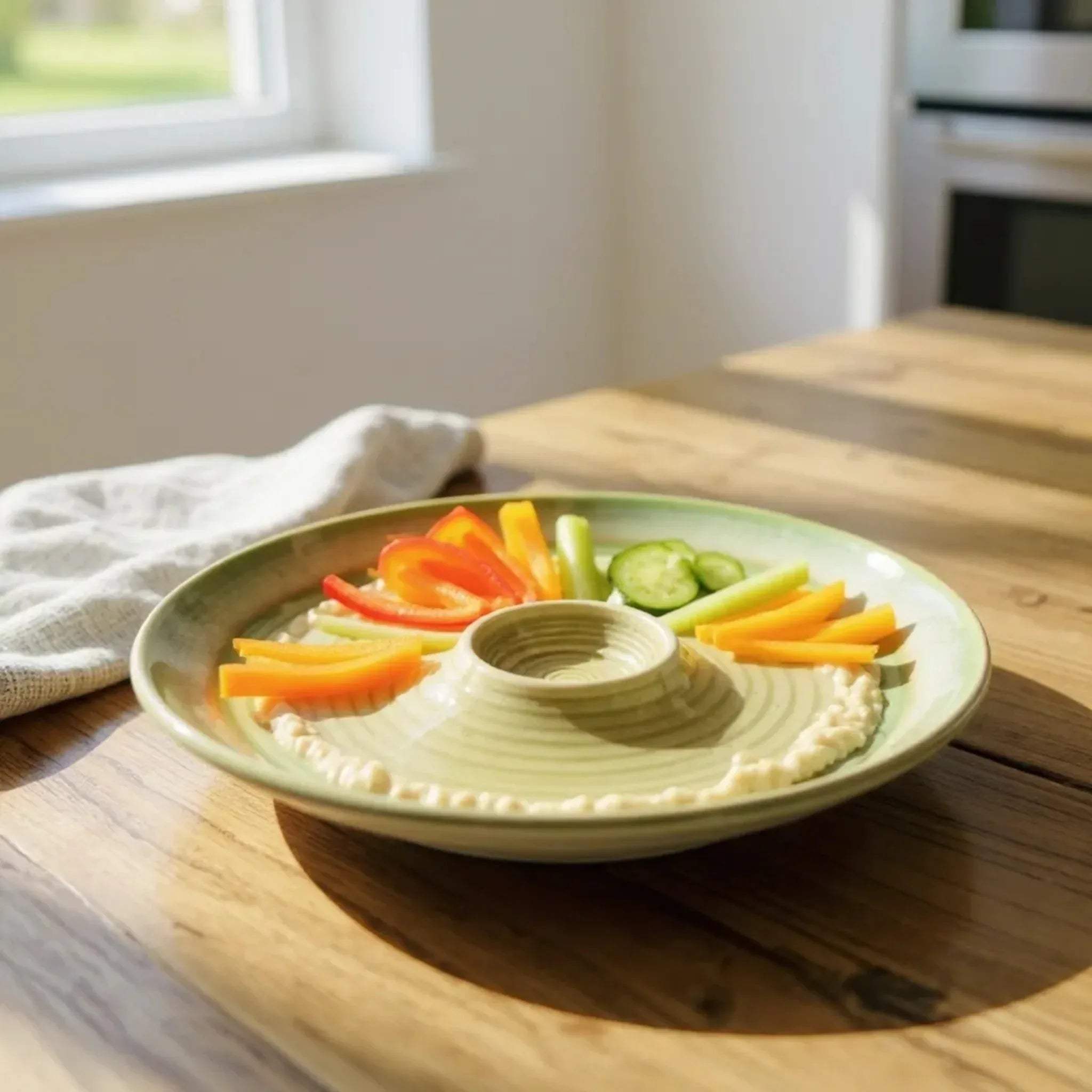 Chip and dip platter for dual-compartment ceramic dish for samosas, momos, or chips.