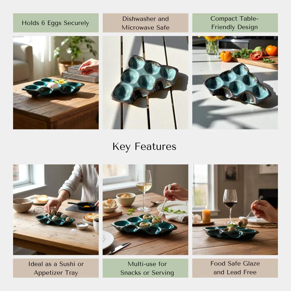 Rustic Stone quality; eco-friendly material, handcrafted design, and versatile ceramic egg tray.