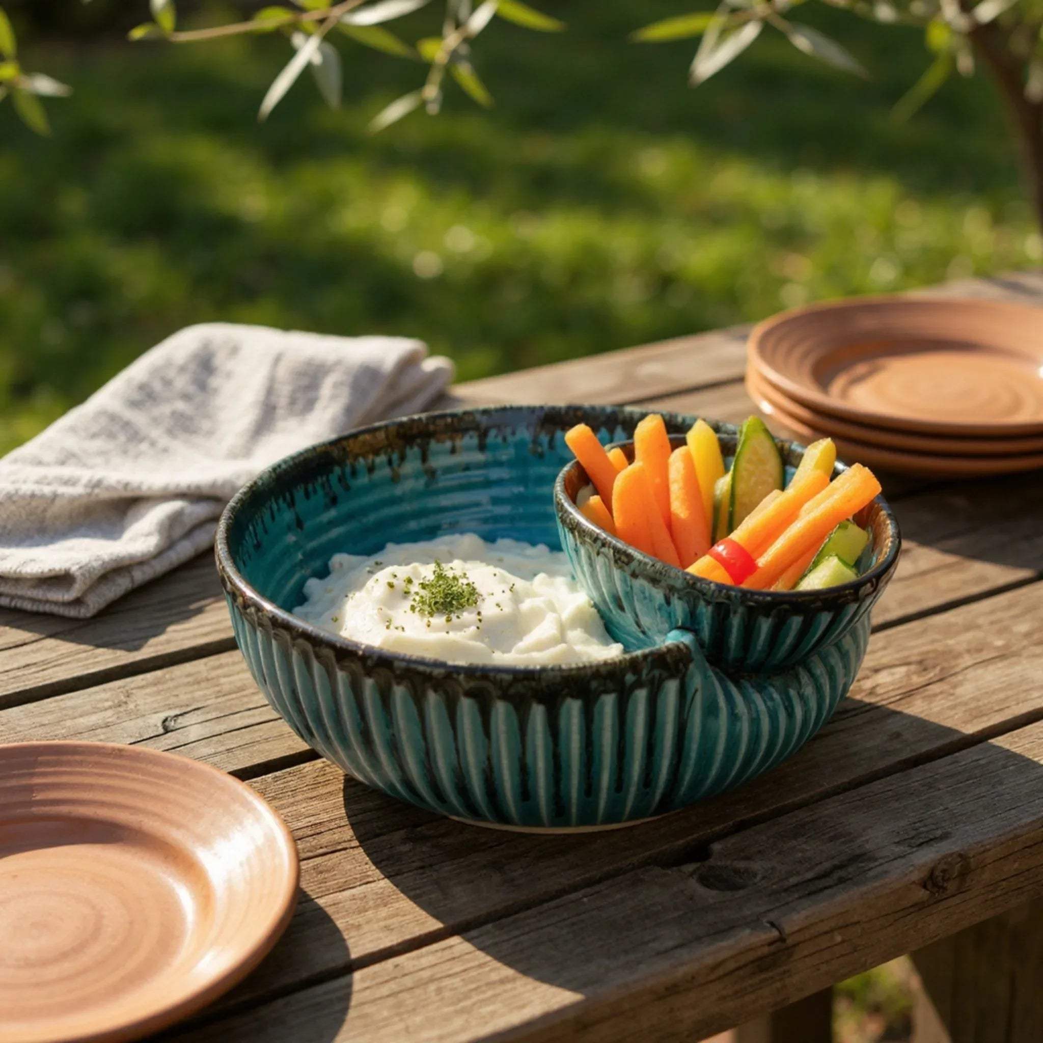 Healthy appetizer platter; Ocean Ridge bowl serving sliced bell peppers and hummus at a garden gathering.