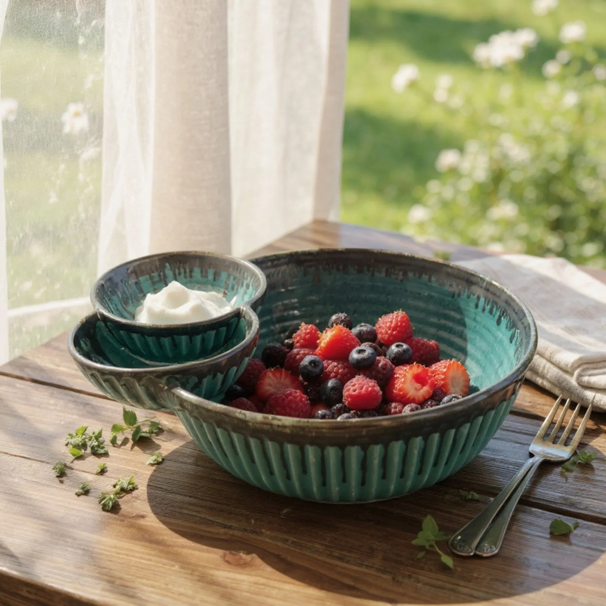 Ocean Ridge Chip and Double Dip Bowl; 7.0 inch rippled blue ceramic bowl with two integrated dip bowls.