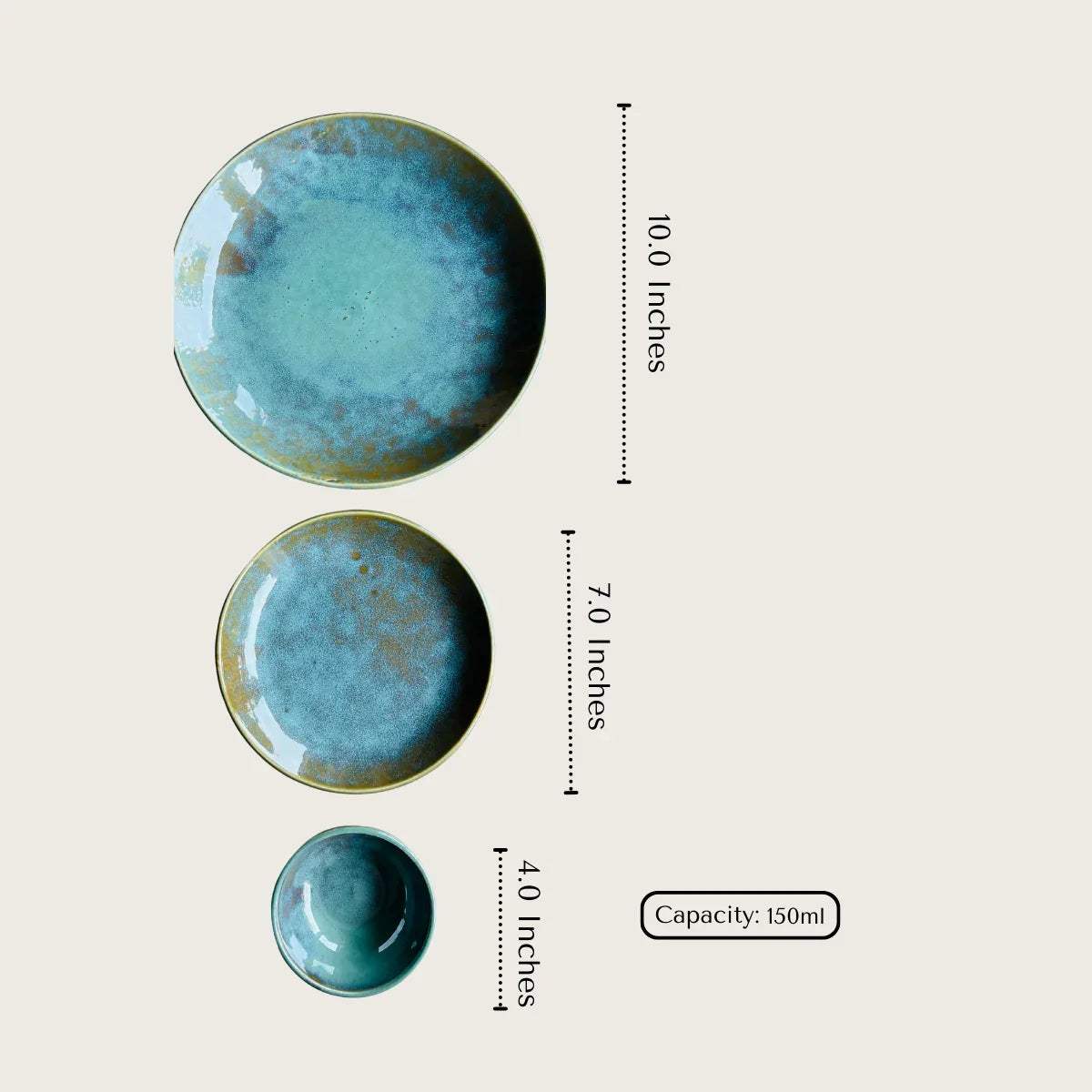 Set of three blue ceramic dinner set - 10 inch dinner plate, 7 inch quarter plate and 150ml bowls.
