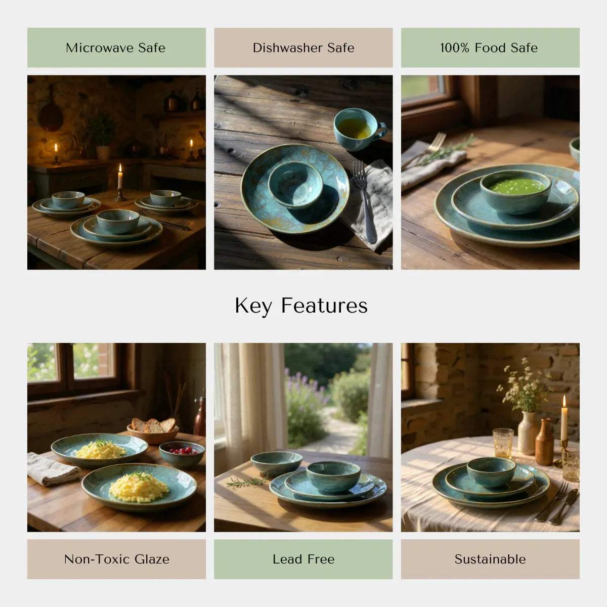 Rustic Stone quality; chip-resistant edges, food-safe glaze, and stackable design for easy storage for dinner set.