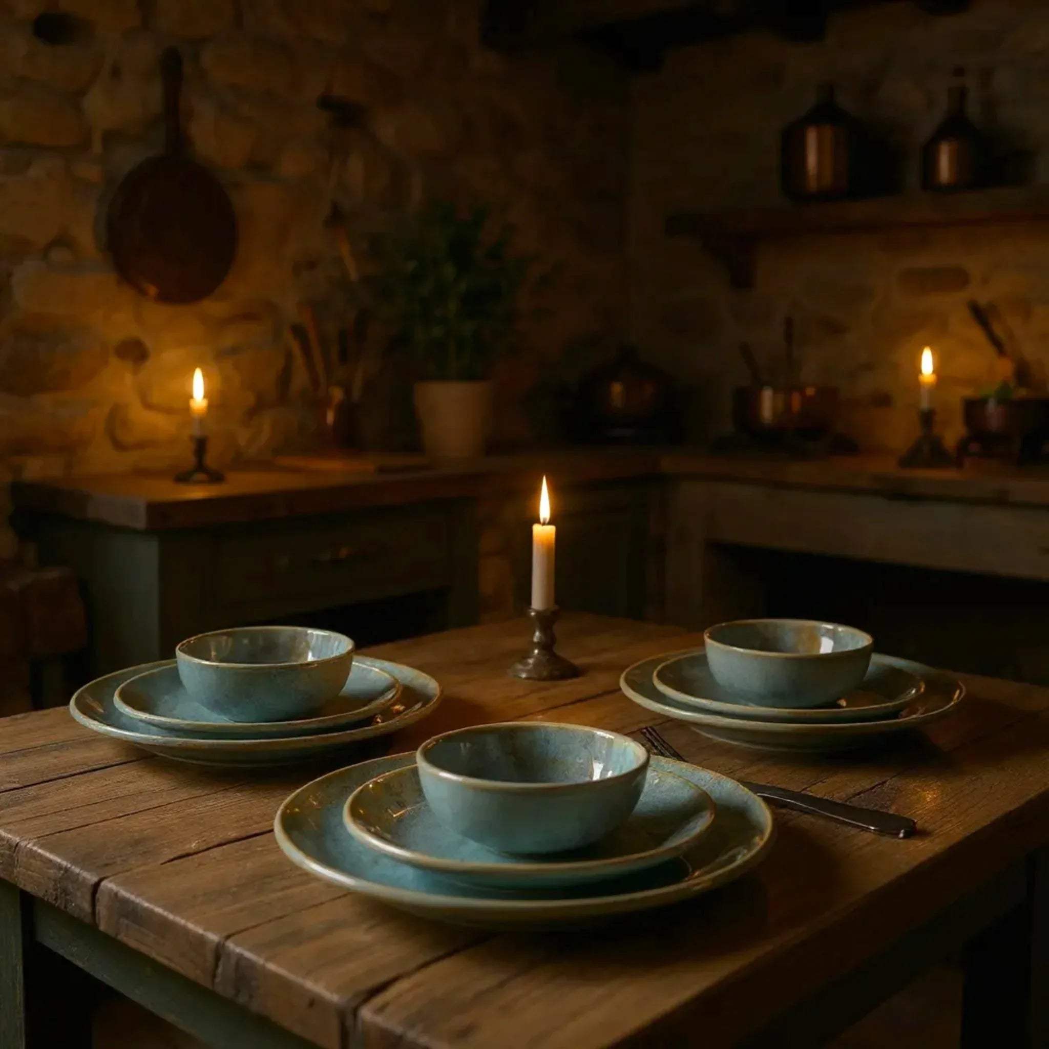 Romantic dinner date scene; artisan blue and grey ceramic plates; Pinterest inspired cozy setup