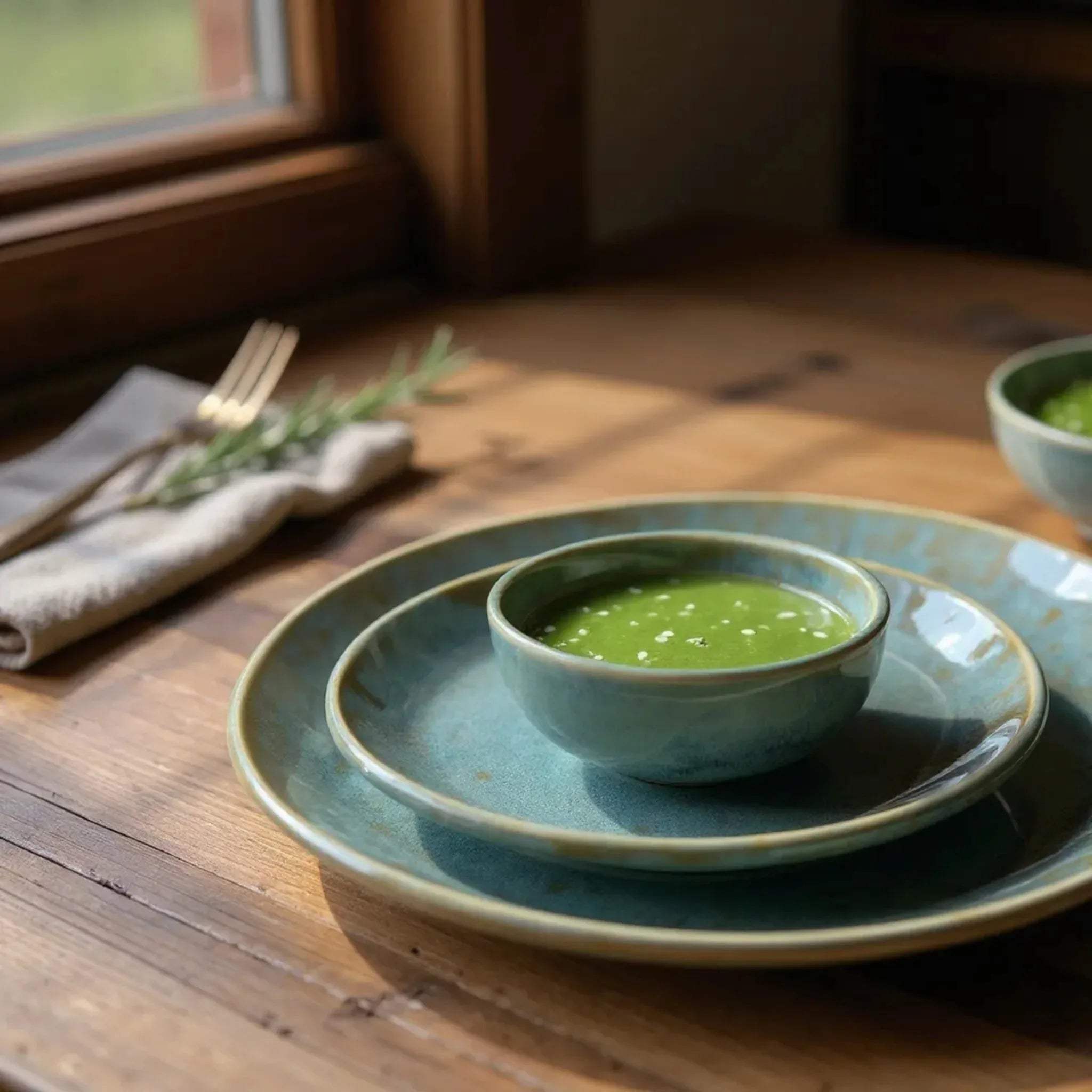 Oceanstone Dinner Set; premium ceramic plates and bowls with a textured glaze in blue, grey, and sandy tones.
