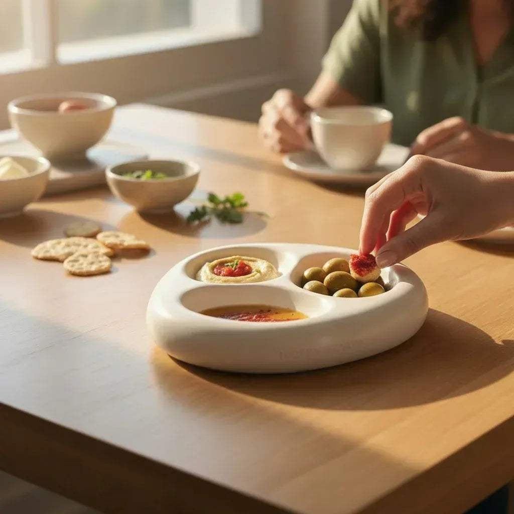 Ceramic dip dish for entertaining; 3-section white stoneware bowl serving olive oil, olives, and hummus dips.