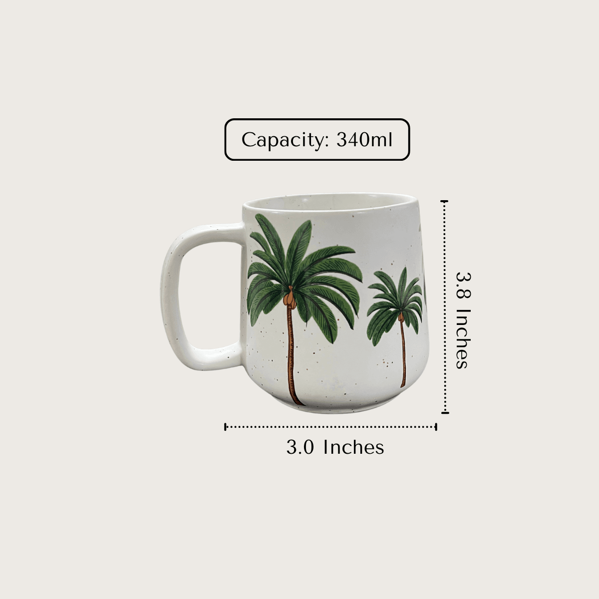 340ml Palm Oasis ceramic mug, showing the 3.8-inch height and 3.0-inch diameter scale for a comfortable, ergonomic grip