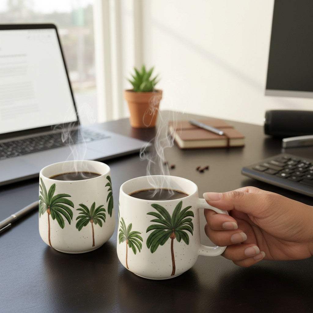 Two handcrafted white ceramic mugs with green palm tree motifs on a dark office desk next to a laptop and a small succulent.