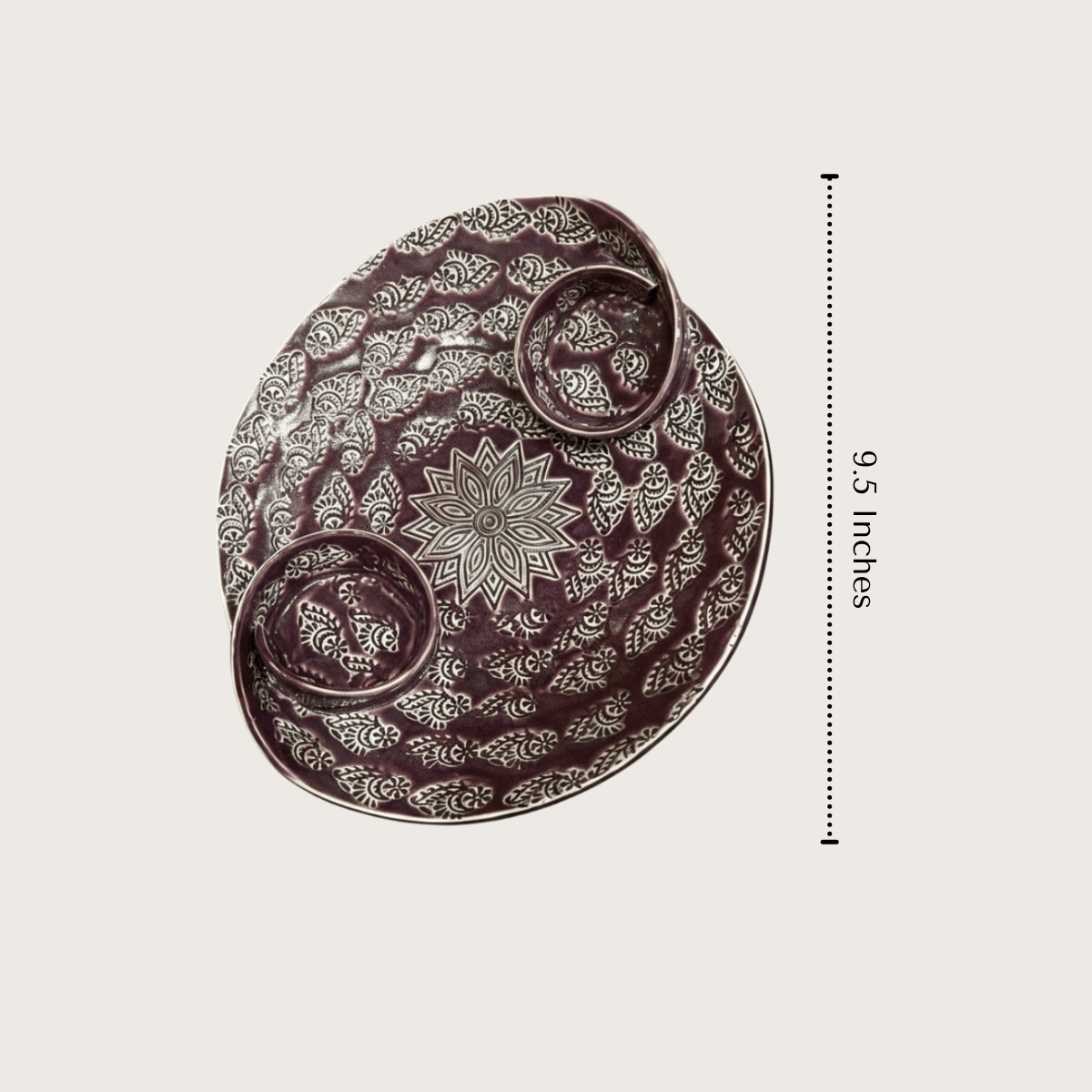 A product measurement layout showing the total length, breadth, and depth of the organic oval purple ceramic tray.