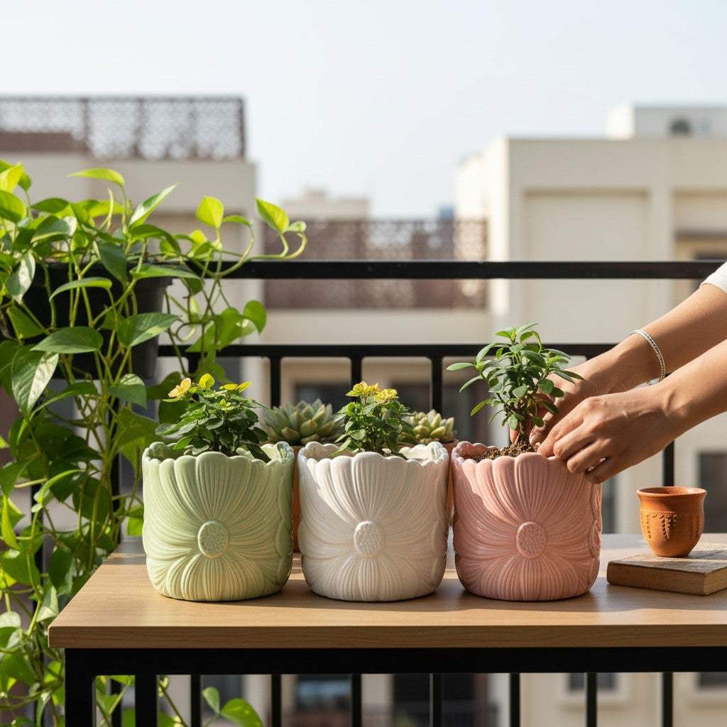 A set of three pastel pink, mint green, and white floral embossed ceramic planters with indoor flowering plants on an outdoor balcony table.