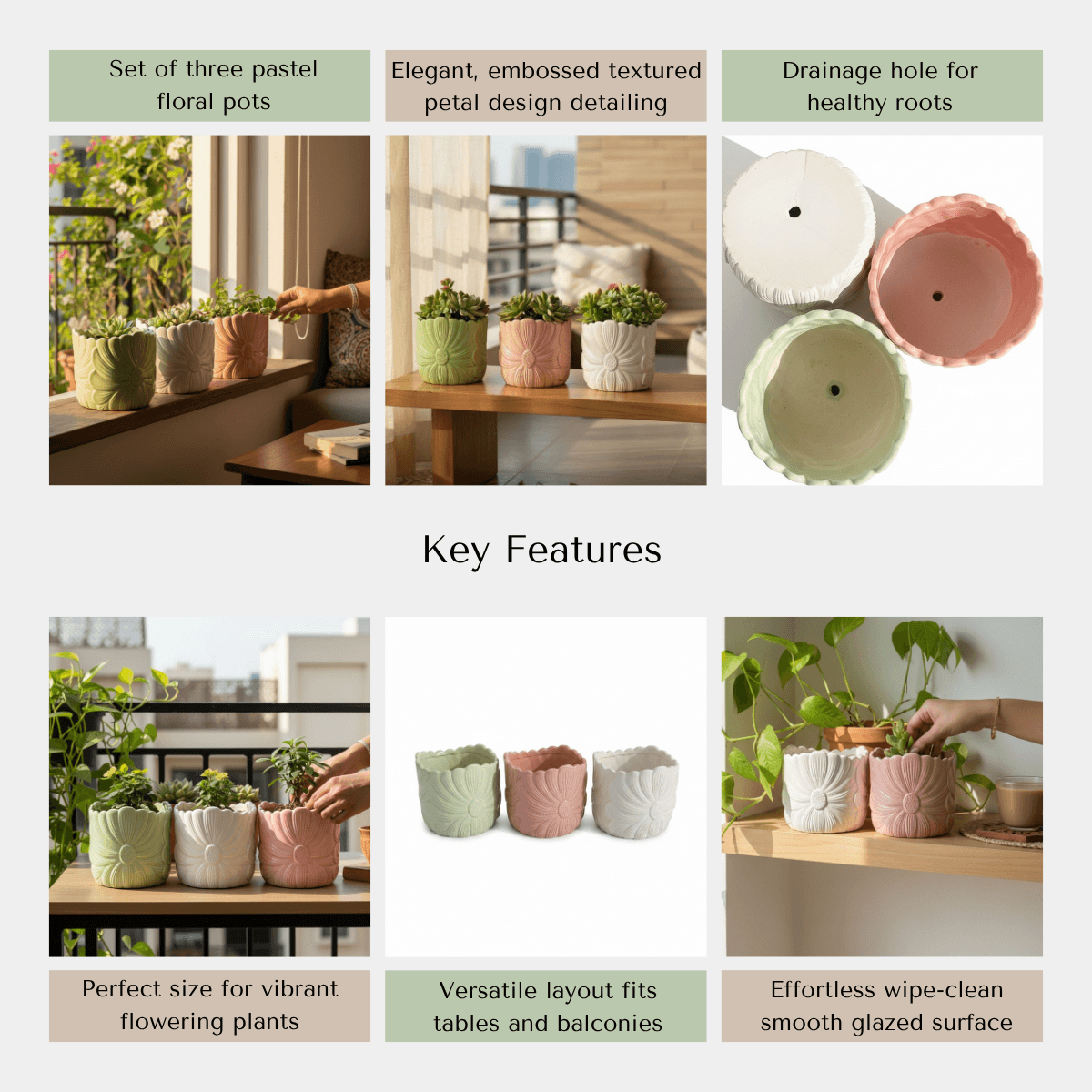 An infographic detailing the premium glossy glaze, drainge hole base, and sculpted petal texture of the set of three floral planters.