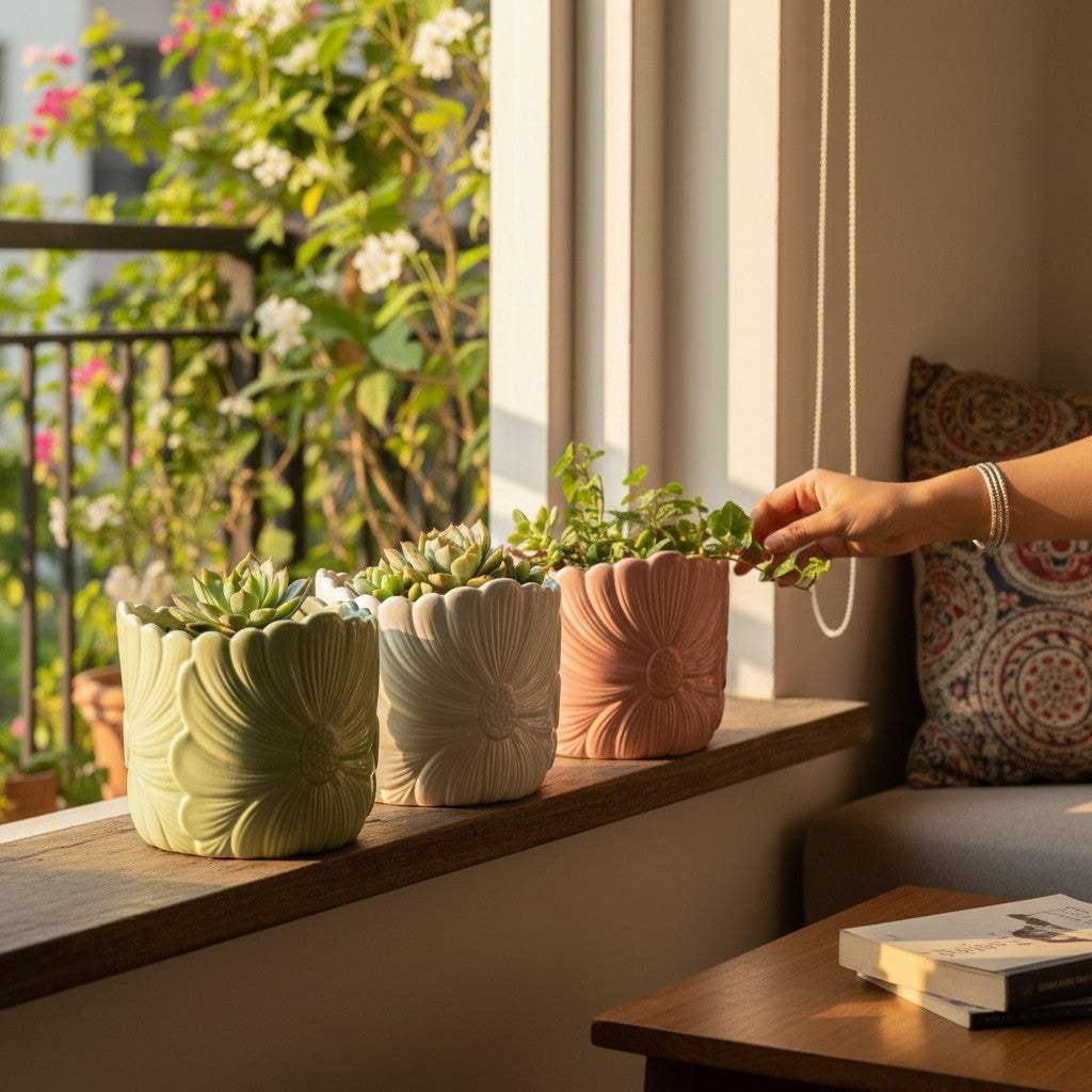 Elegant mint green and white ceramic floral pots holding small green plants on a sunset window sill.