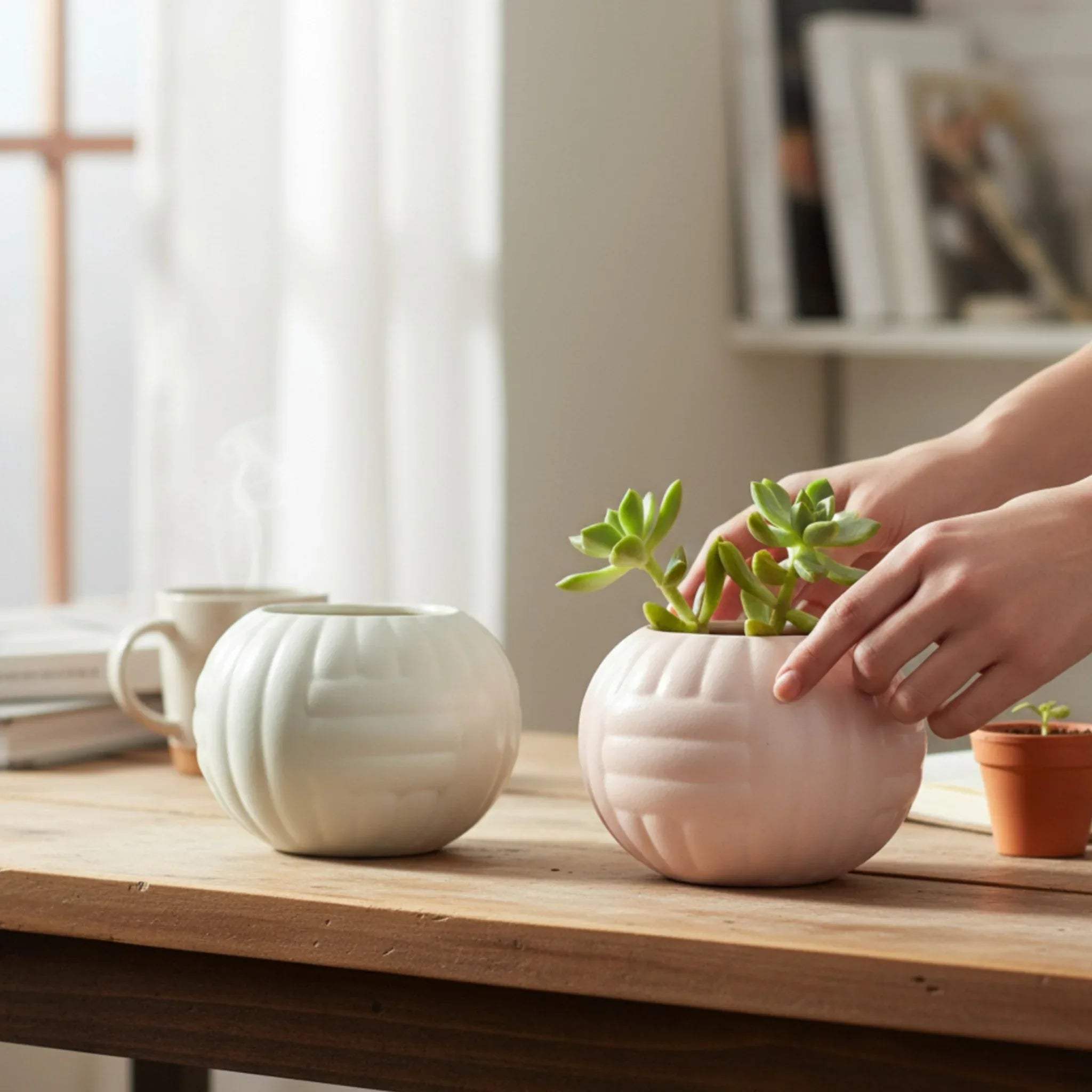 Person arranging a small succulent plant in a pink and white ceramic pot / planter on a wooden table.