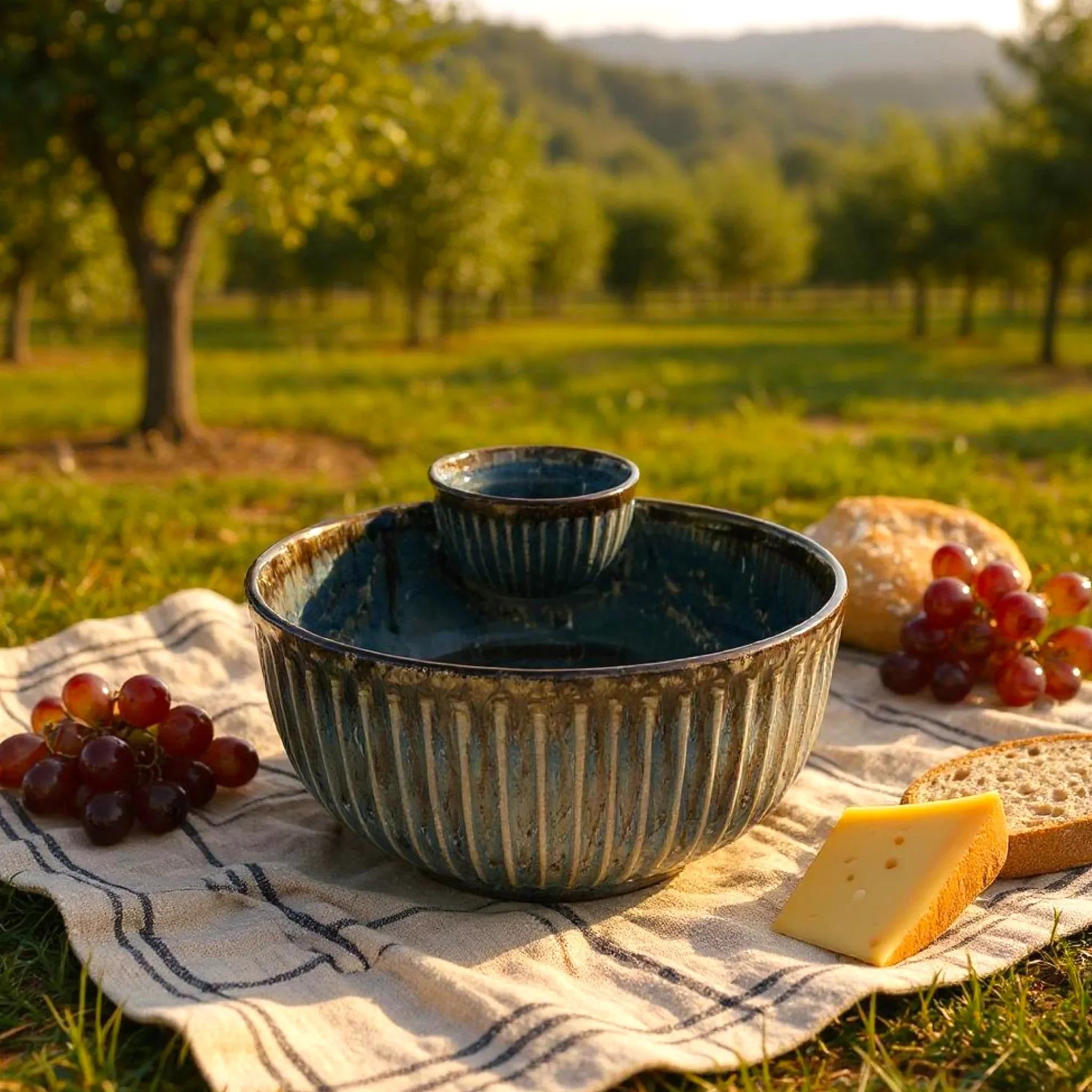 Pebble Ridge Chip and Dip Bowl; grey handcrafted ceramic server with integrated dip section and ribbed texture.