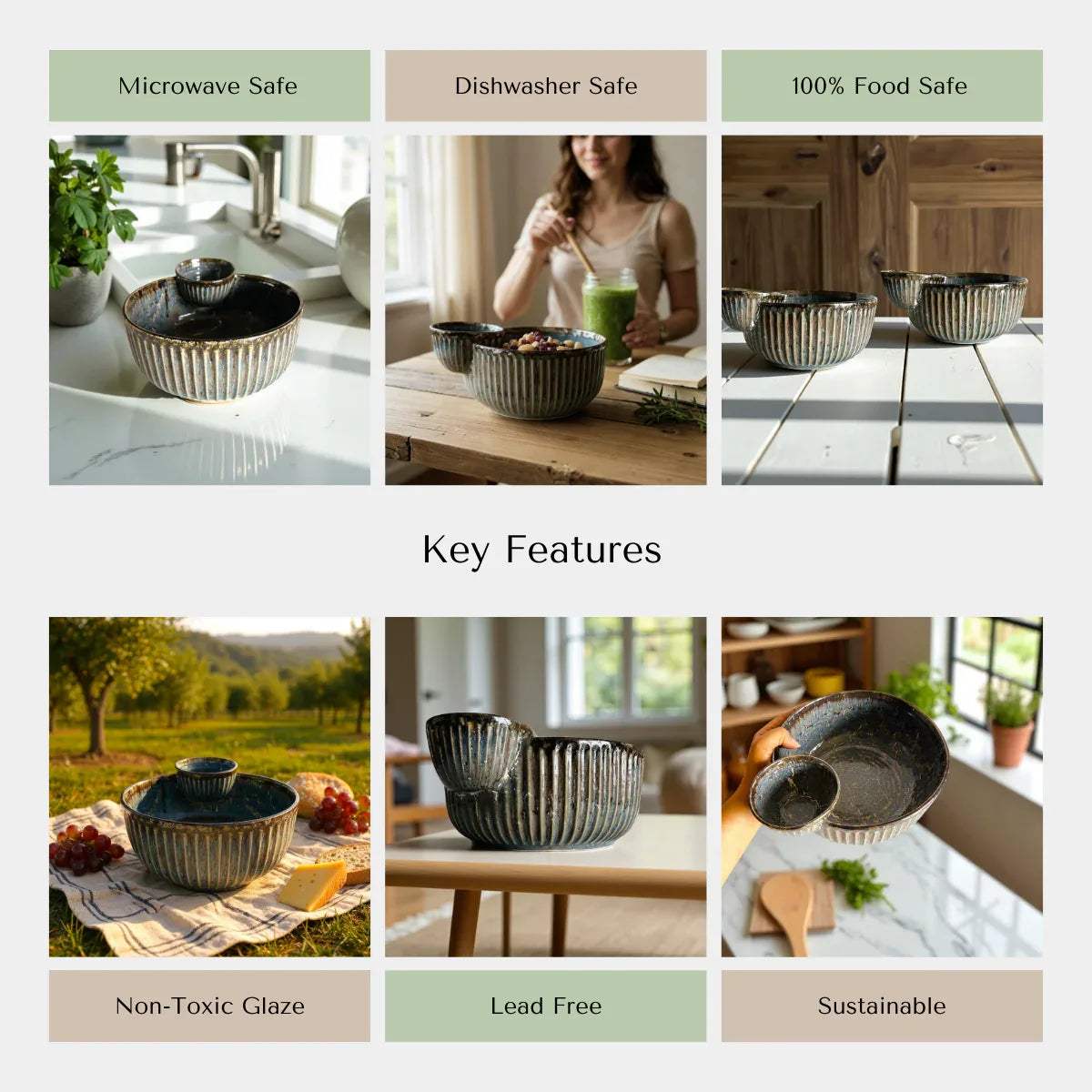 Rustic Stone quality; heat-retaining ceramic, dishwasher safe, and non-toxic glaze for movie nights and snacking.