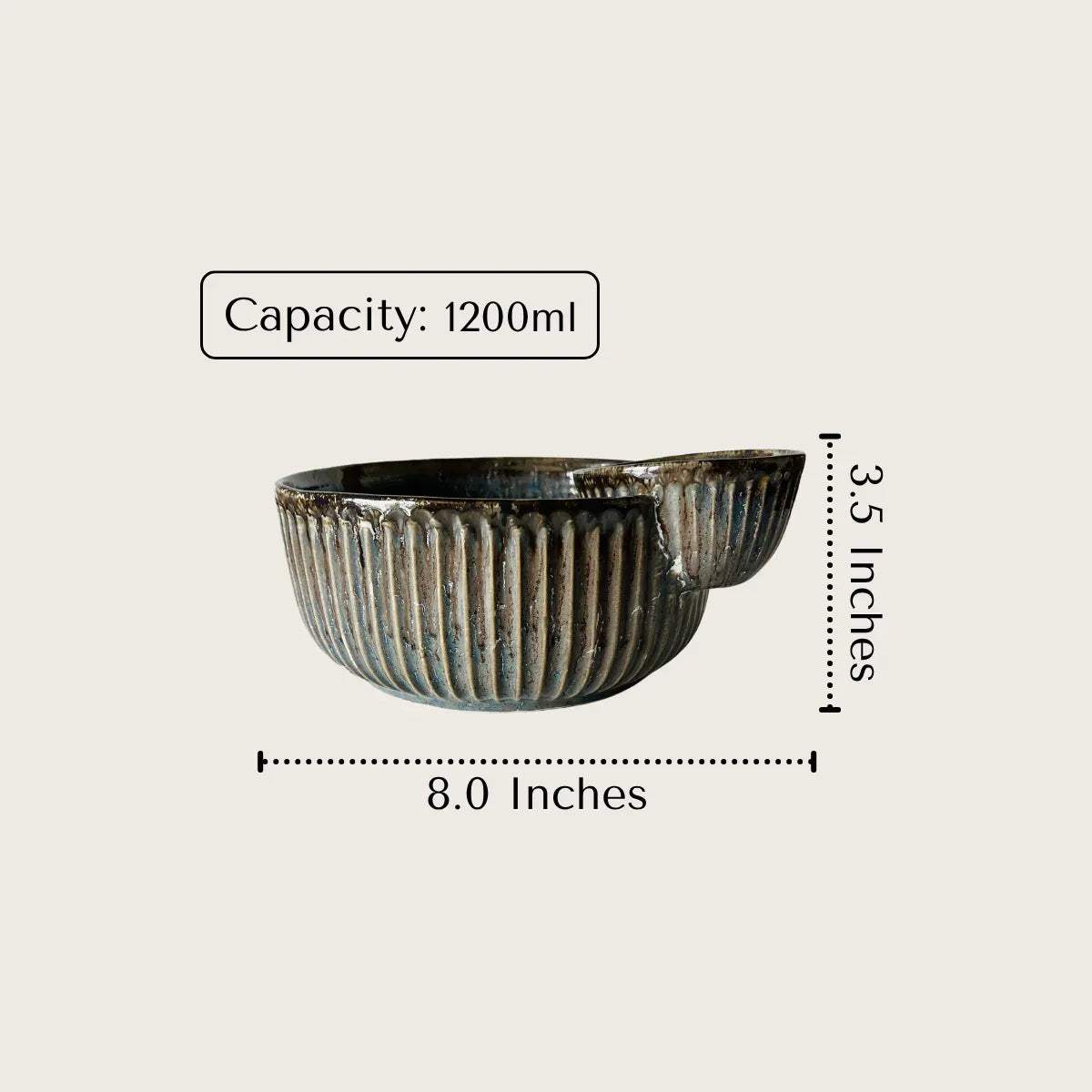 1,200ml rustic ceramic chip and dip bowl with measurements and capacity. Great for hosting and mess free parties.