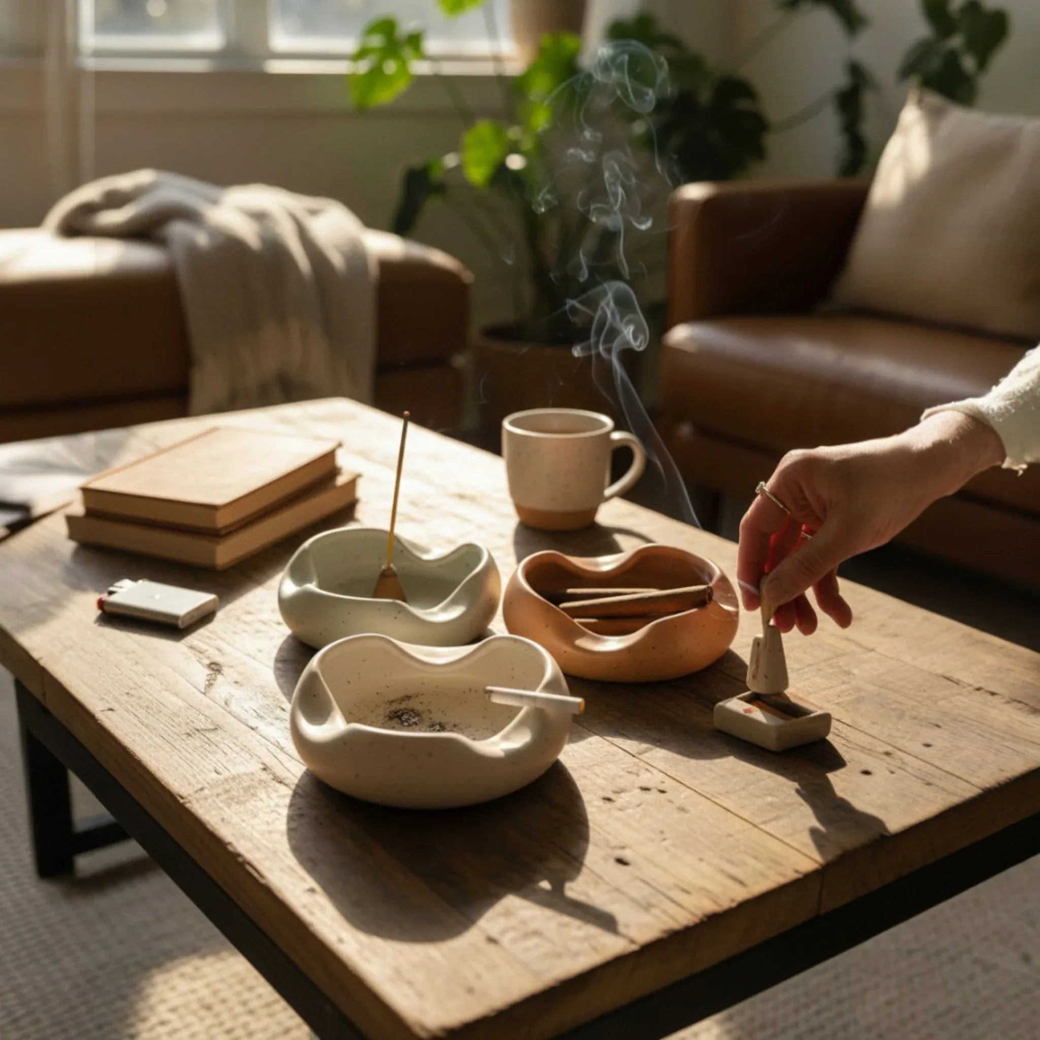 Person lighting incense sticks from a wooden holder on a wooden table with ceramic ashtrays in white / beige and grey and a cup.
