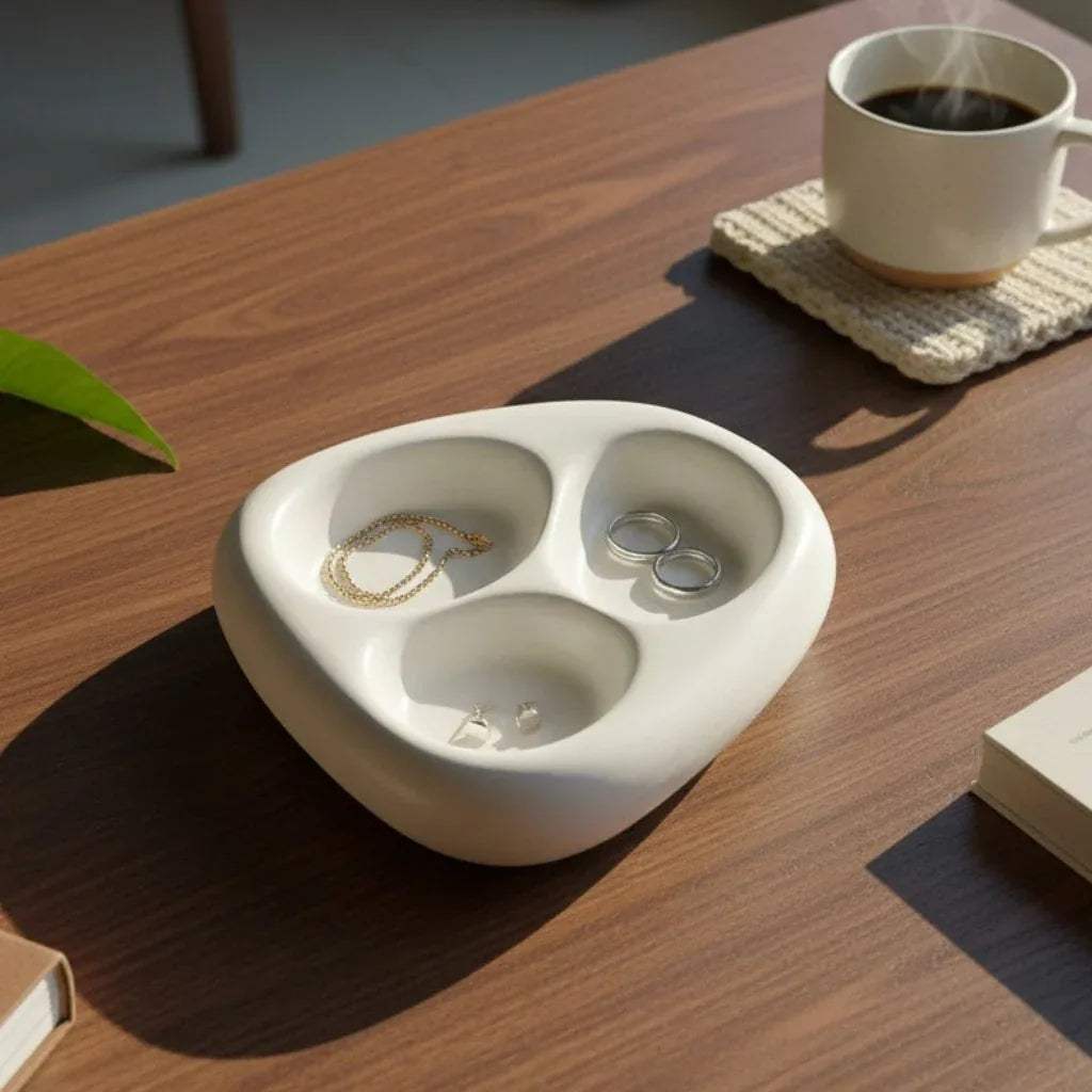 Pebble Trio trinket tray; white organic 3-compartment ceramic dish for rings, earrings, and small jewelry.