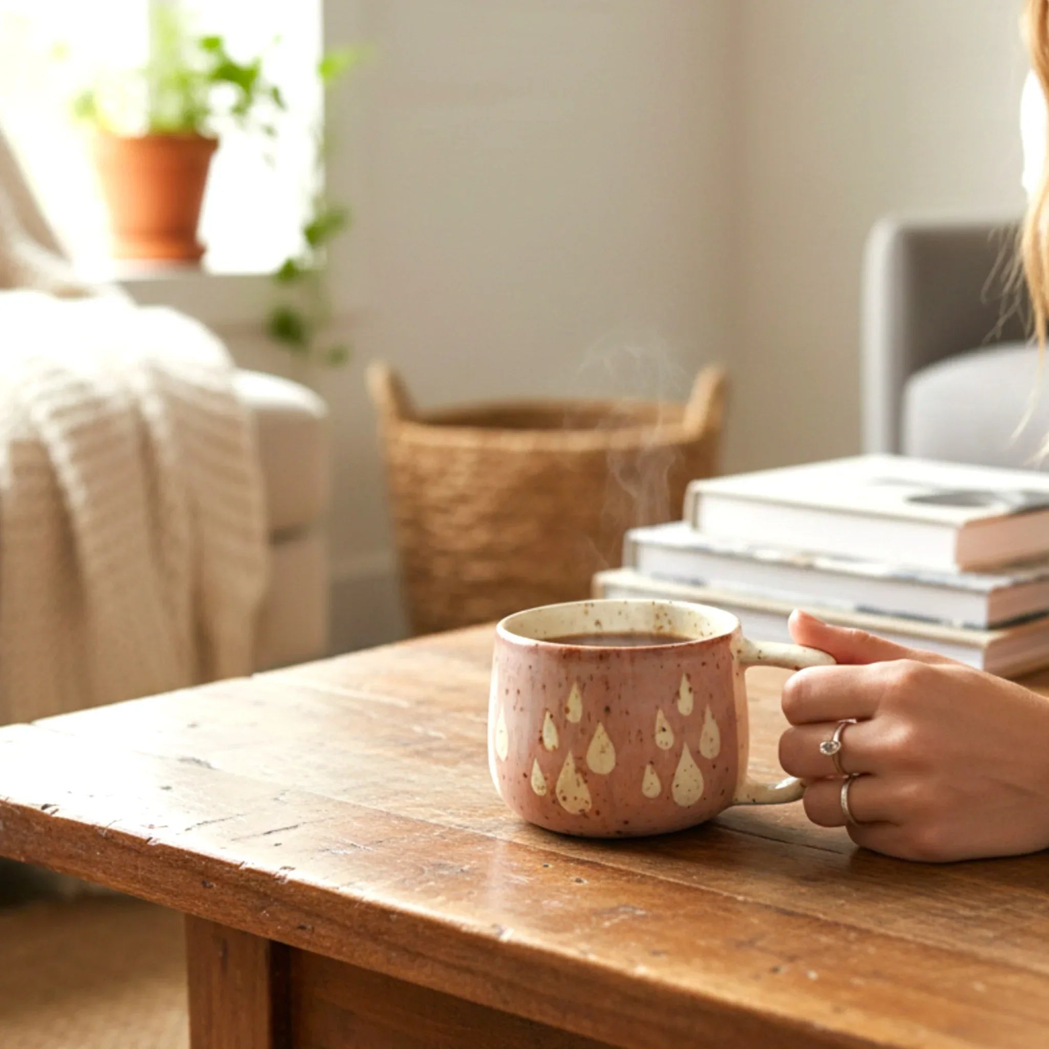 Person holding the Dewdrop Mug; showcasing the 280ml capacity and comfortable grip of the rounded silhouette.