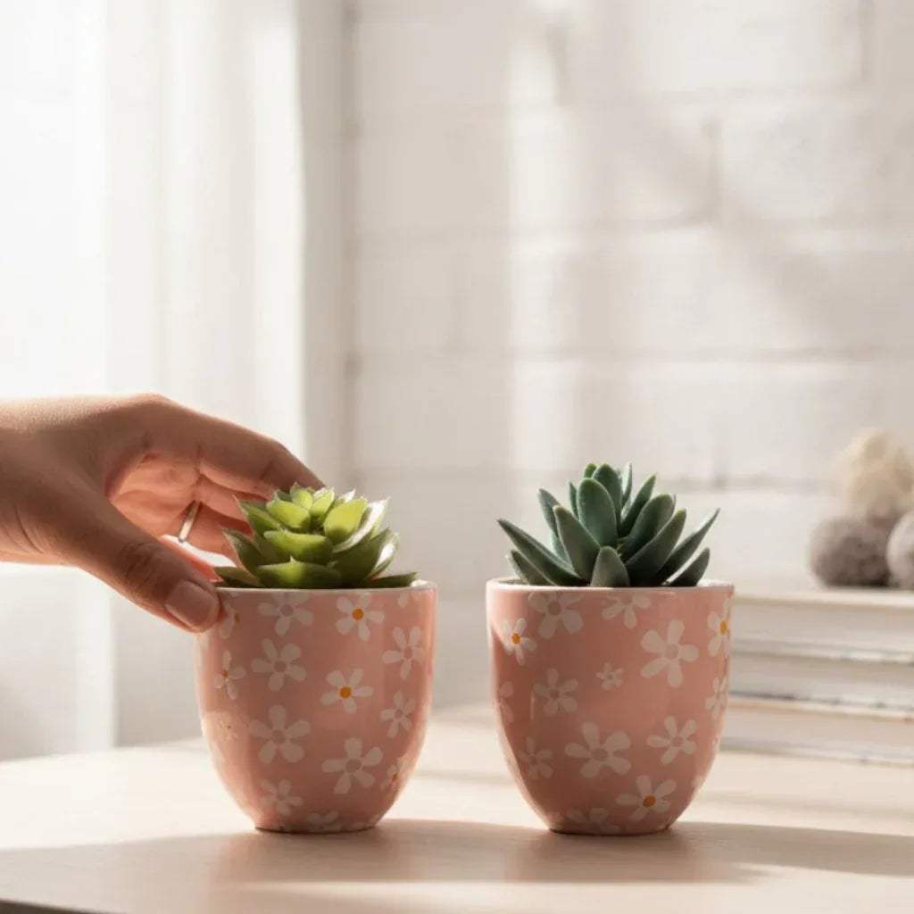 Petal Perch Planters (Set of 2); pastel pink ceramic vessels with white daisy motifs and a smooth glaze.