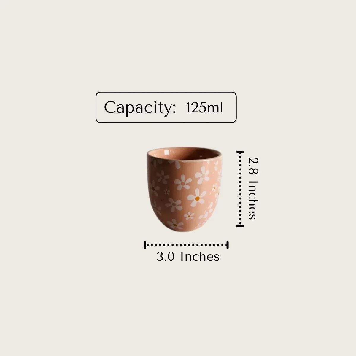 2.8" height x 3.0" diameter graphic; illustrating the 125ml capacity and compact size for small spaces.