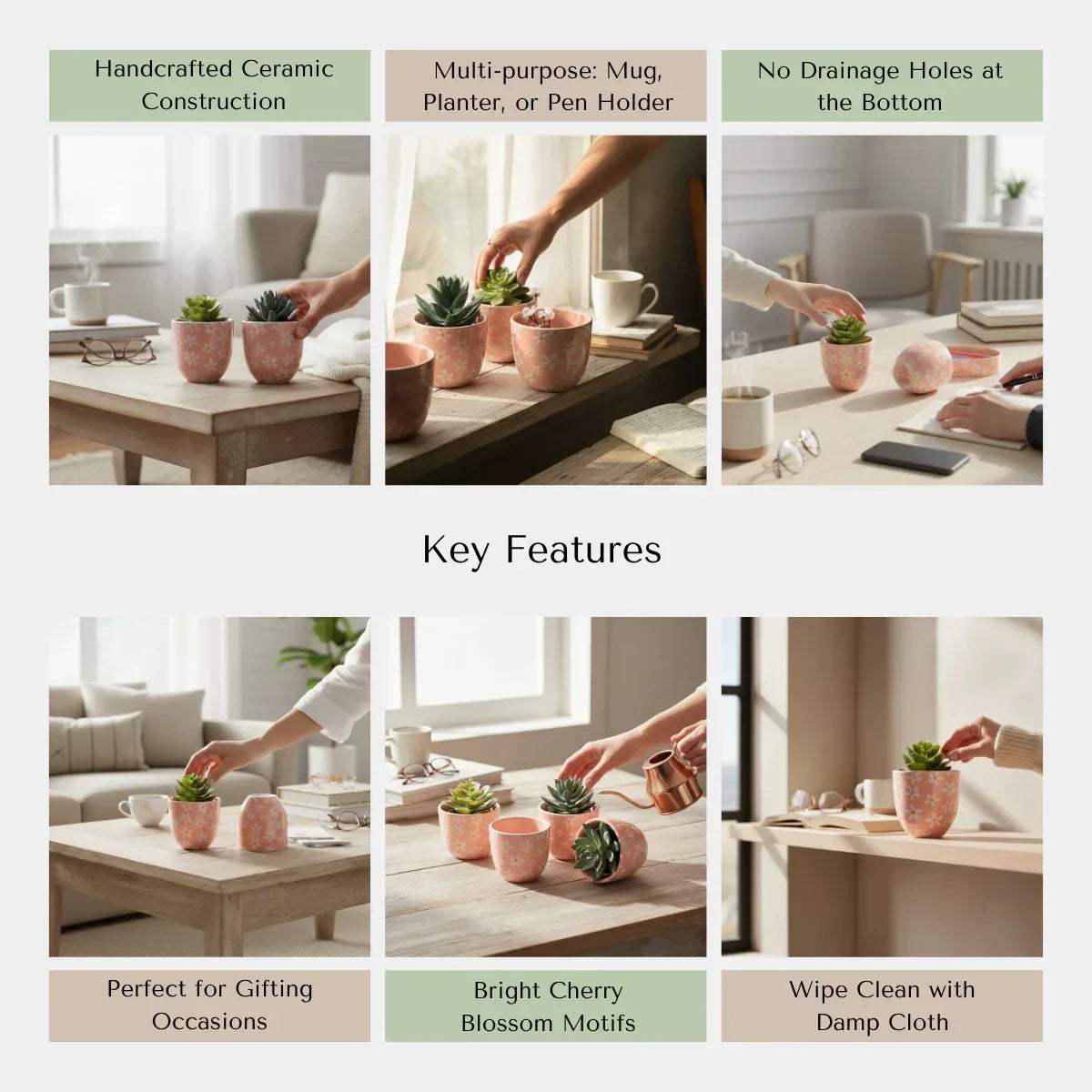 Rustic Stone quality; floral daisy design, handcrafted ceramic, and indoor friendly planter set.