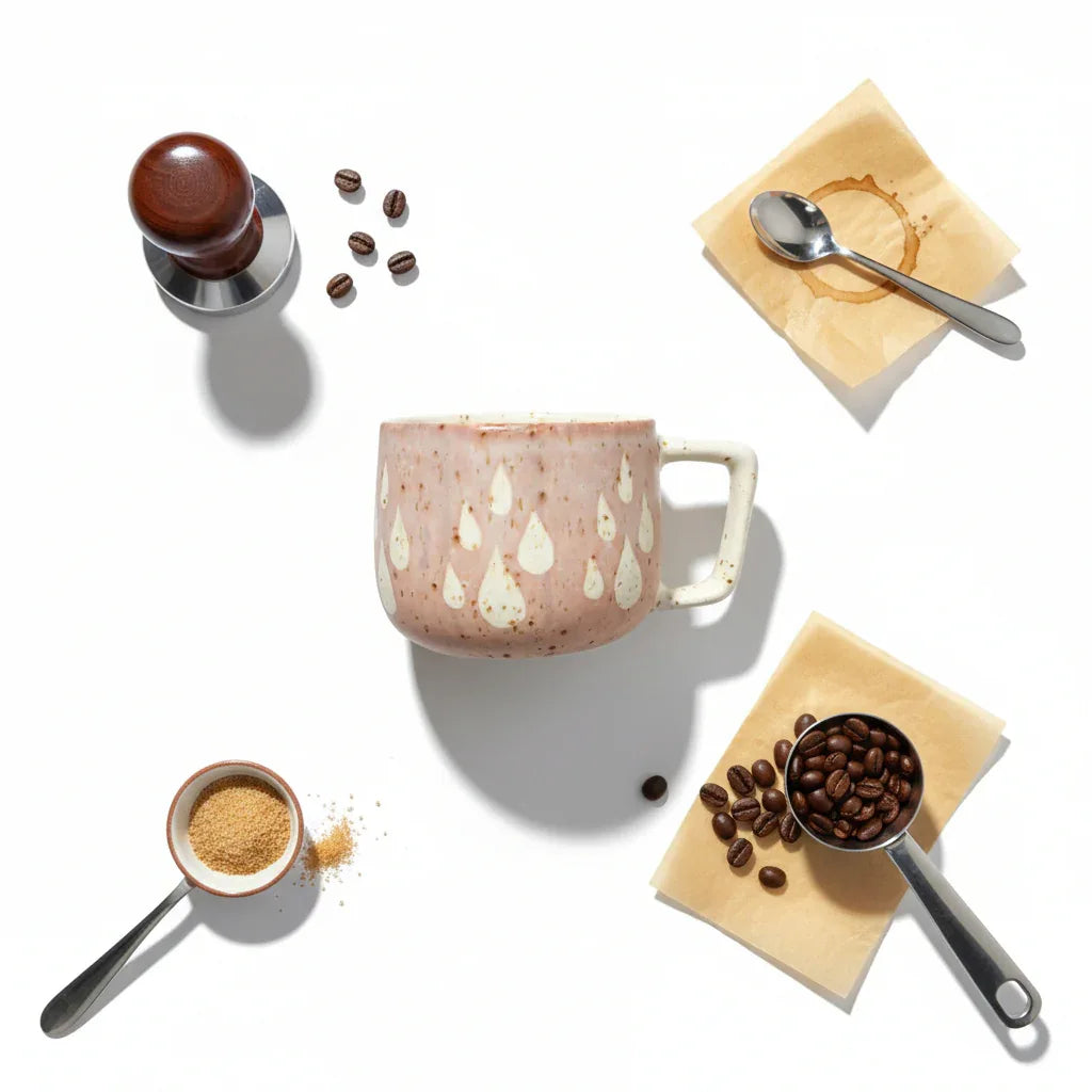 Petal pink Dewdrop Mug; soft pink handcrafted ceramic cup featuring a delicate, tactile hand-painted finish.