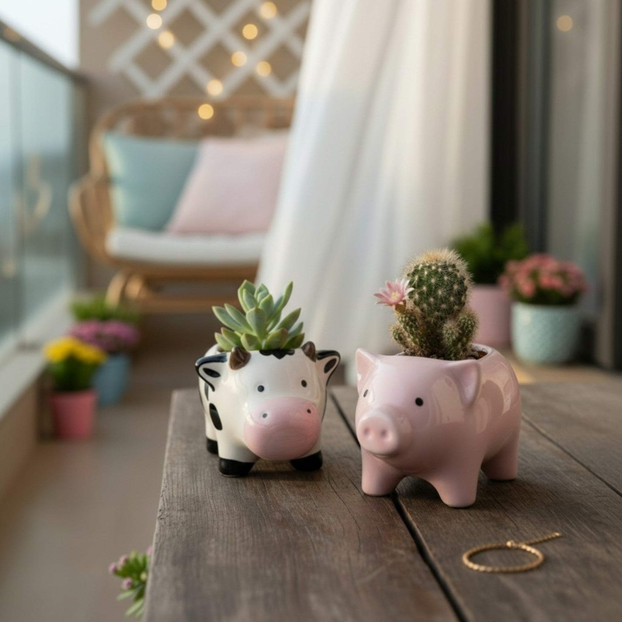 A small white and black cow-shaped planter and a pink pig-shaped planter, both holding small succulents and cacti, sitting on a wooden table on a sunlit balcony.