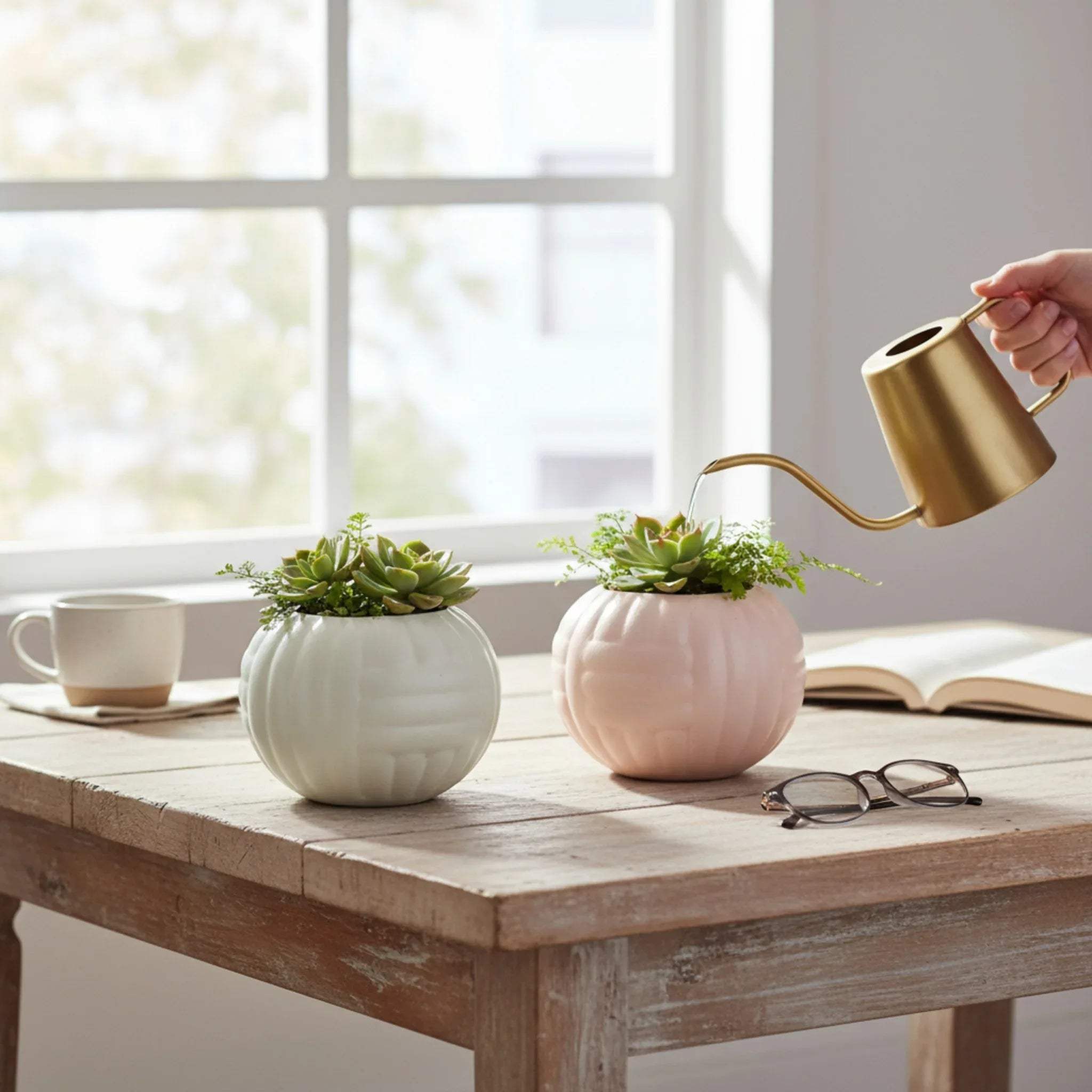 Cozy setup; a person watering small succulents in a soft pink pebble planter on a wooden table.