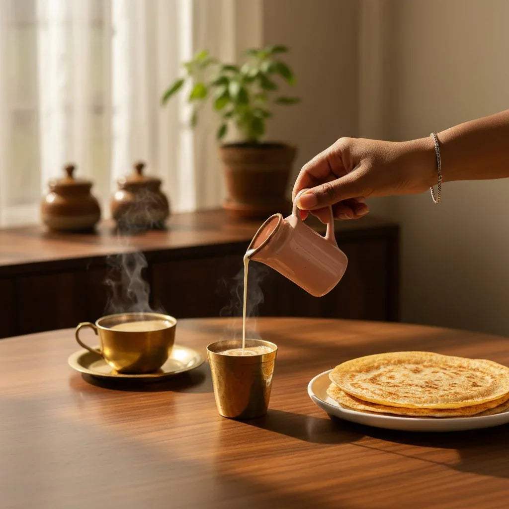 Aesthetic breakfast setup; Sorbet Pink creamer pouring milk into tea with parathas for a soft-glam morning.