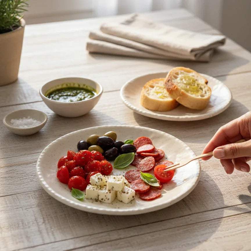 "Quiet Luxury" dining; a moody, top-down aesthetic shot of the plates styled with sourdough, pesto, tomatoes and olives.