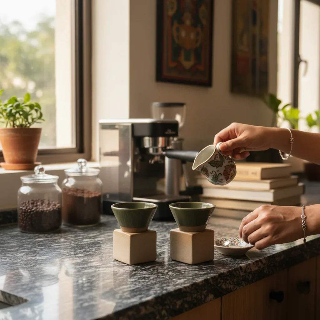 Pinterest inspired coffee station set up with the conical green espresso cups.
