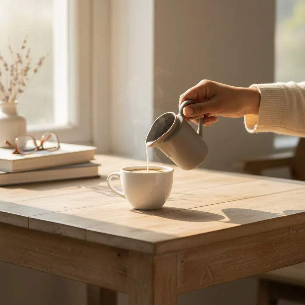 Modern coffee station; Stone Grey creamer pouring milk into a latte on a wooden countertop in morning sunlight.