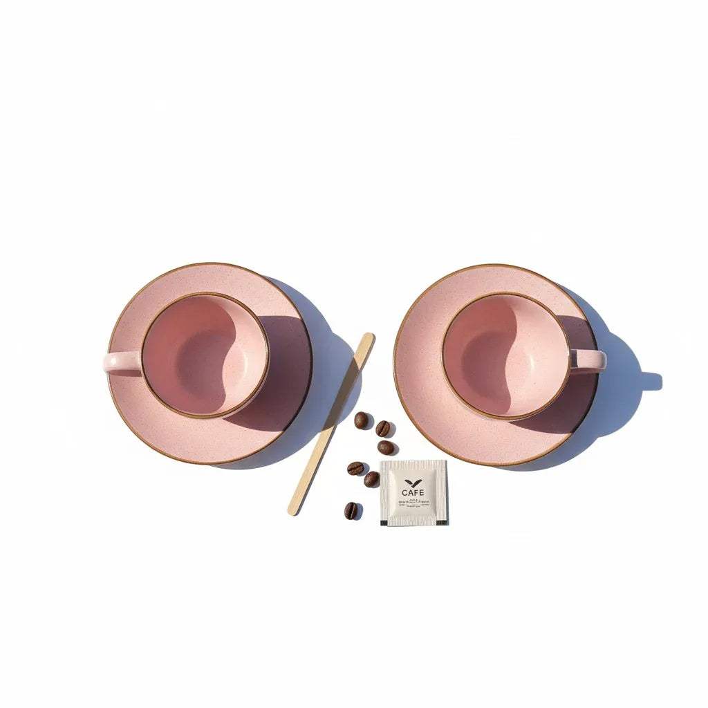 Top-down view of pink cup and saucer; Dusty Rose cup with coffee beans, cinnamon, and mint for a Pinterest aesthetic.