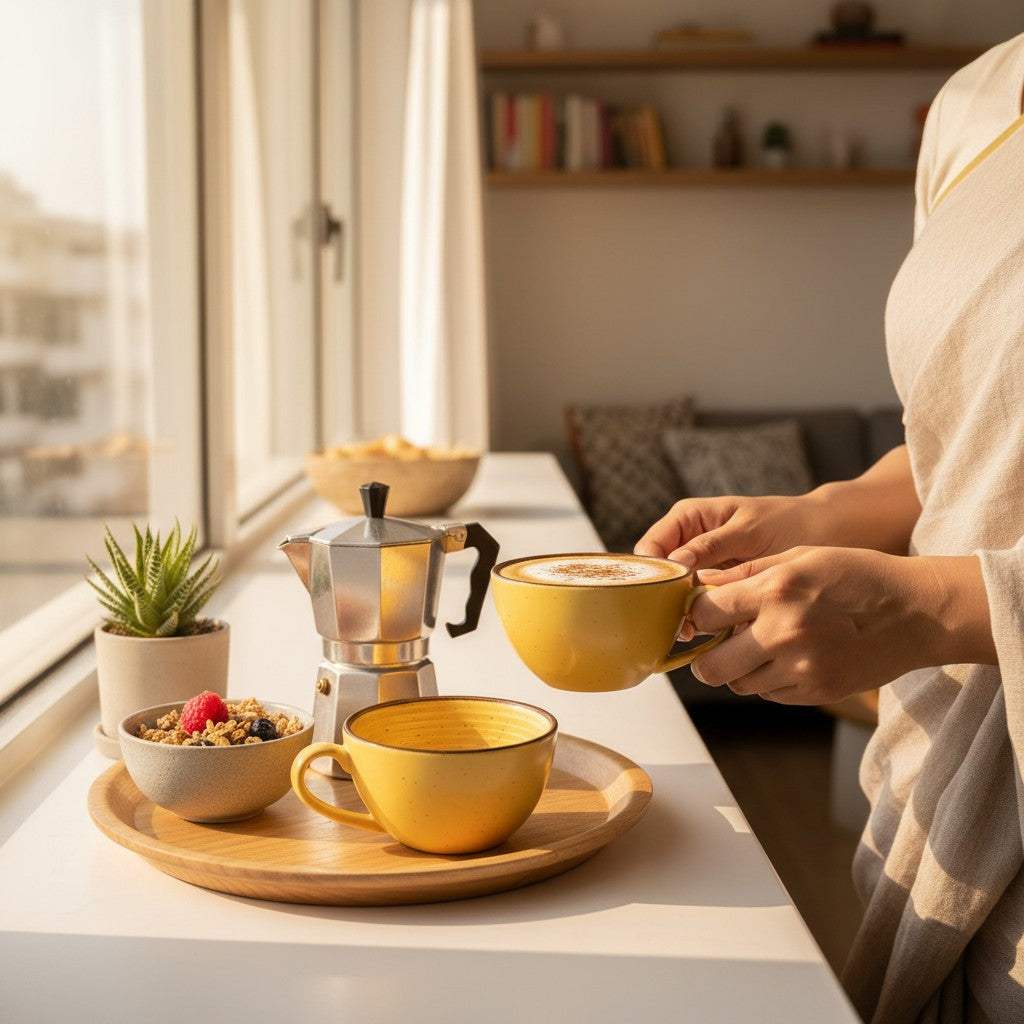 Aesthetic morning breakfast; yellow Summer’s Cups on a wooden tray with a Moka pot and granola bowl by a window.