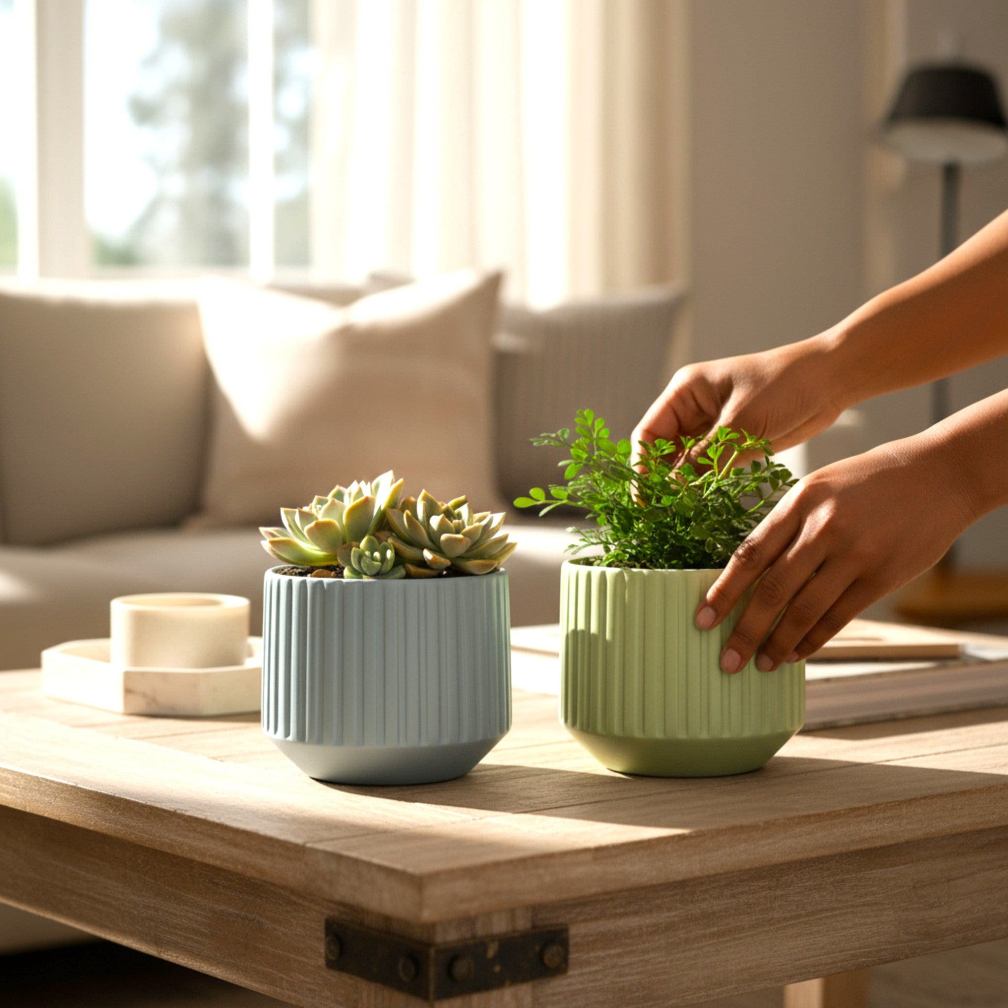 Two potted plants on a wooden table with a blurred living room background