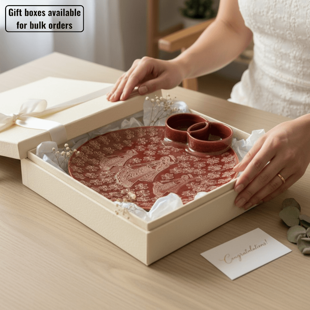 A thoughtfully packaged terracotta folk-art chip and dip platter wrapped as a premium housewarming or wedding gift.